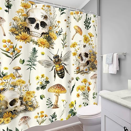 Miniatura 70 de Cortina de ducha con diseño de calavera negra y morado, de 60 pulgadas de ancho x 72 pulgadas de alto, esqueleto gótico gótico, polilla cruzada, C