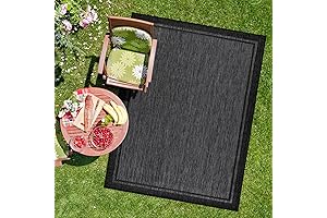 CAMILSON Bordered Dark Grey Outdoor Patio Rug 10x14 Washable Deck Carpet