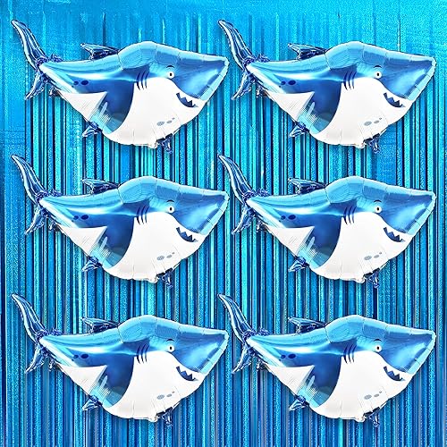KatchOn, Globos de tiburón para fiesta de cumpleaños, gigantes de 38 pulgadas, paquete de 6, cortina tipo telón de fondo azul iridiscente, 6.4 x 8