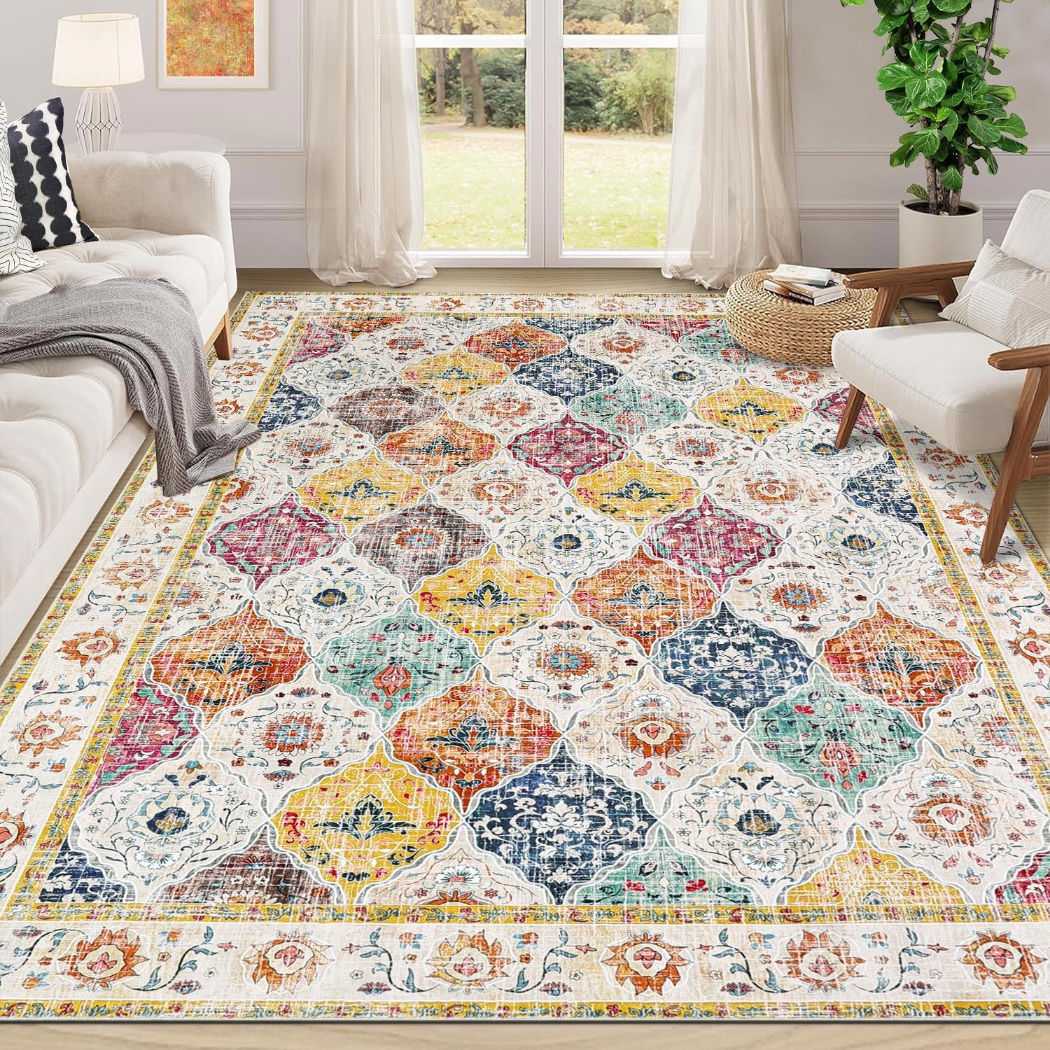 SHACOS Living Room Rug 160x230 cm Washable, Large Carpet Rugs Non Slip, Print Bedroom Rug Soft, Vintage Area Rugs, for Dining Room, Office, Lounge, Colourful