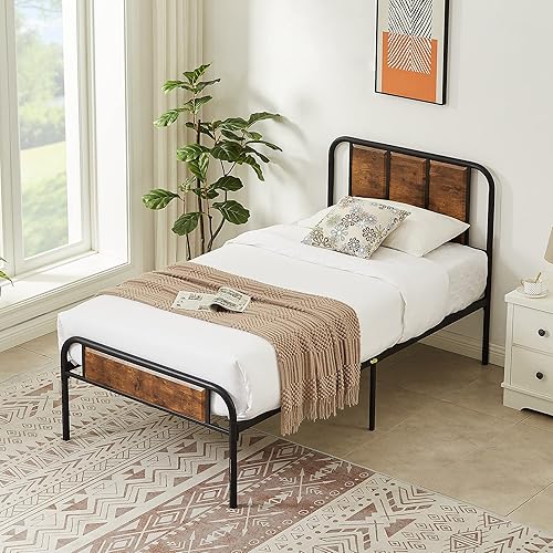 Miniatura 4 de VECELO Base de cama de plataforma de tamaño individual con cabecero y estribo de madera, base de colchón de acero resistente con soporte de