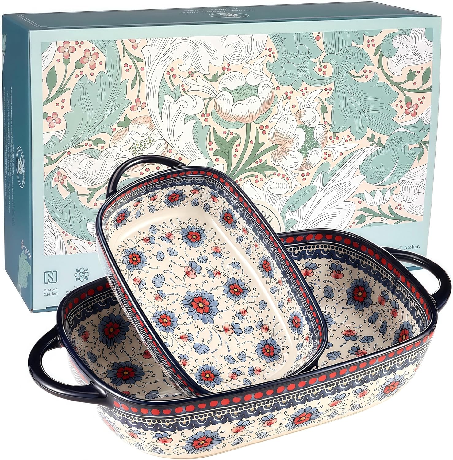 Moqidadii Polish Pottery Style 2-Piece Ceramic Baking Dish Set for 2-3 People - Floral Oven-Safe Casserole, Microwave Dishwasher Safe, Gift-Ready