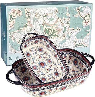 Polish Pottery Style Ceramic Baking Dish Set, 2-Piece Casserole Bakers for 2–3 People, Floral Decora