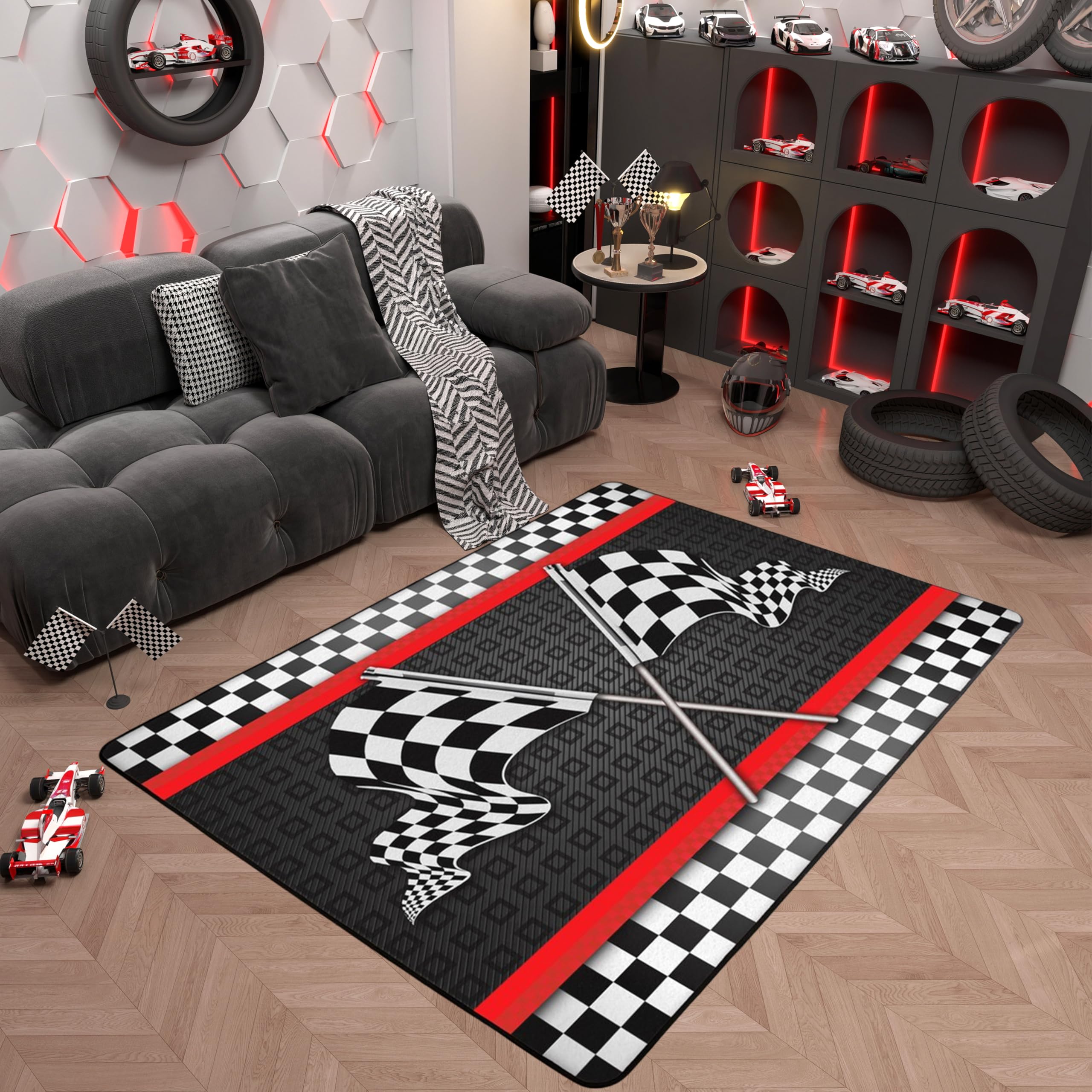 Race Car Themed Rug 5x6'6'',Black White Checkered Flag Print Decorative Area Rug for Bedside Livingroom Decor,Red Stripes Geometric Grid Plaid Non