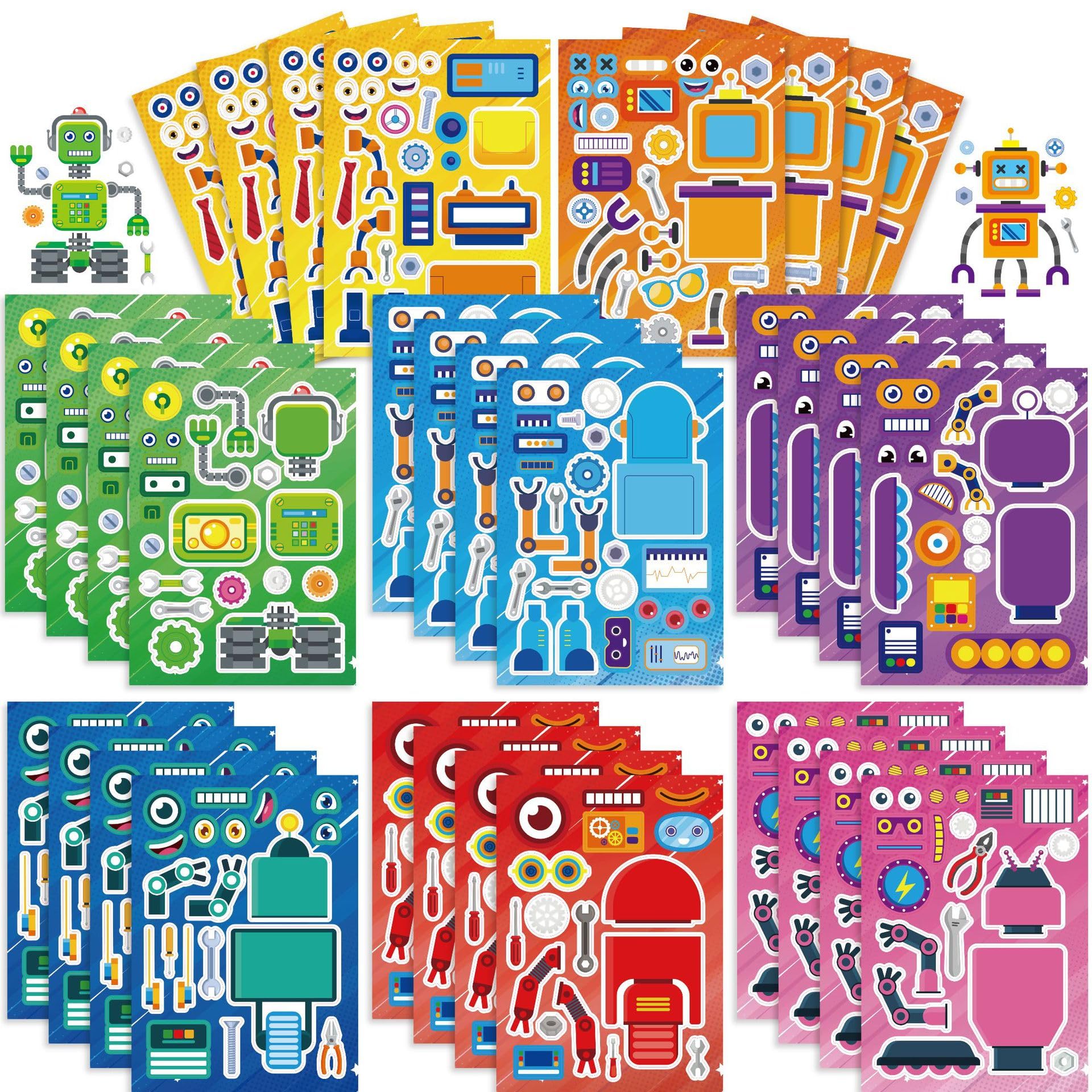 Create-Your-Own-Sticker, 32 Sticker Sheets for Kids Party Favors, Robot Stickers for Kids, Sticker Faces for Kids, Educational Party Favors, Birthday Party Activities, Robot Birthday Party Supplies