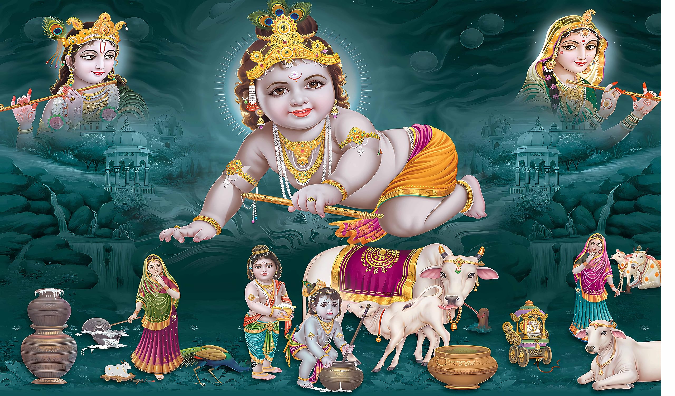 Ashvath Fashion Bal Krishna with Matuki and Cows Design Backdrop Curtain for Decoration for Pooja Especially for Krishna Janmashtami Traditional Festival Size-5 Feet Height and 8 Feet Width(5 * 8)-image-5