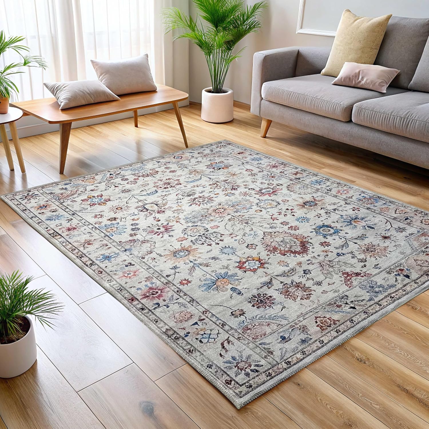 Chenille Machine Washable Area Rugs with Non Slip Backing, Ideal for Hallway, Living Room, Bedroom, Kitchen and Laundry Room, Vintage and Low Pile Rug (Multicolor, 2'x3')