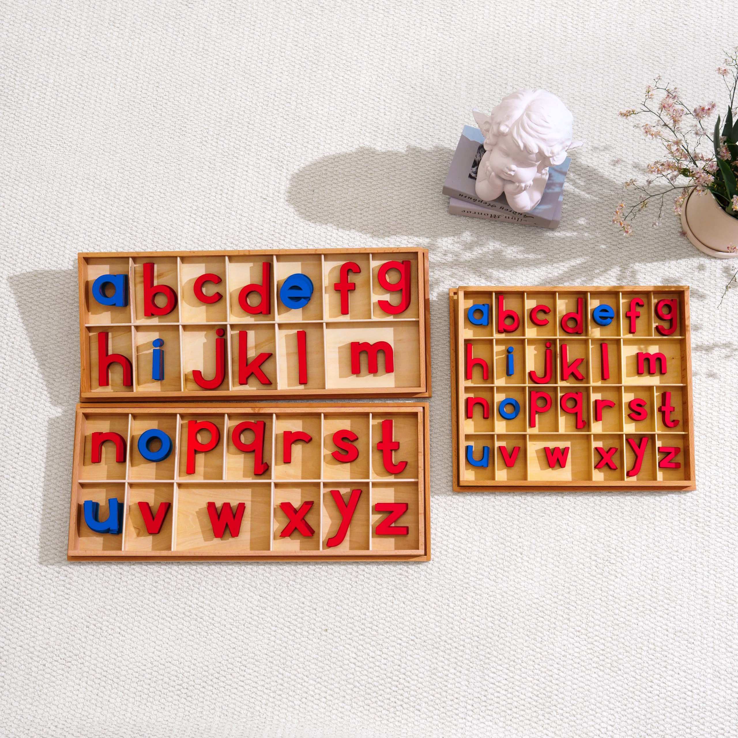 Premium Holzbuchstaben Bewegliches Alphabet 15 Zoll 2.5 lbs | 155 Kleinbuchstaben mit Buchenholz-Box | Montessori Rote & Blaue Buchstaben für erstes Schreiben & Lesen, Klein Bewegliches Alphabet