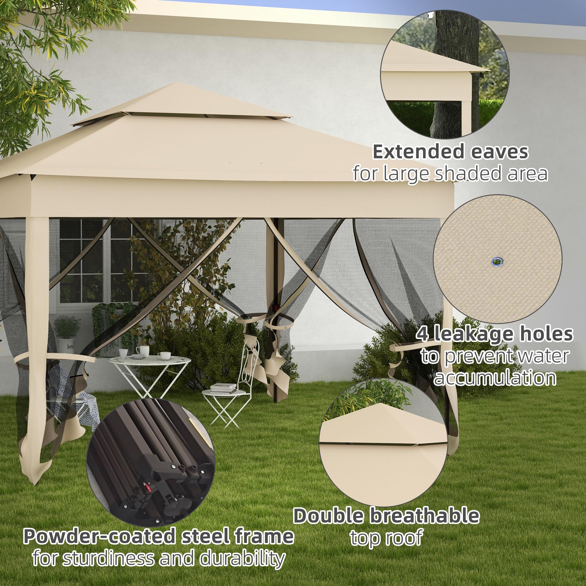 Outsunny Gazebo da giardino pieghevole pop-up Barum, 3 x 3 m, poliestere metallico, protezione UV impermeabile, zanzariera + borsa di trasporto, crema