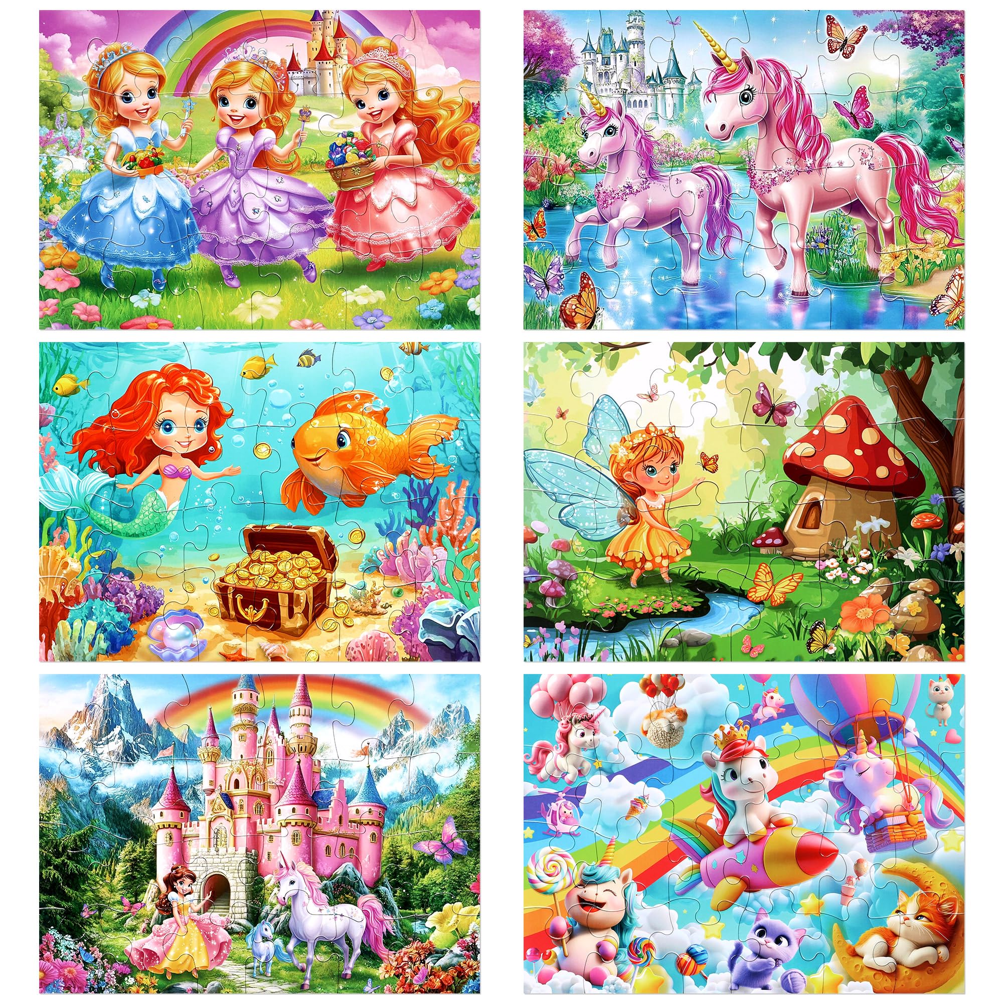 MZZOTOY 6 Puzzles für Kinder im Alter von 4-6 Jahren, 24 Puzzleteile Prinzessin und Einhorn für Kinder von 3-5 Jahren, 4-8, Lernspielzeug für Vorschule