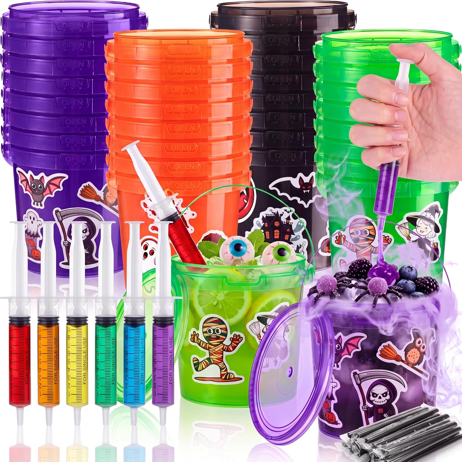 Funnymoom 34 oz Halloween Buckets with Straws Syringes