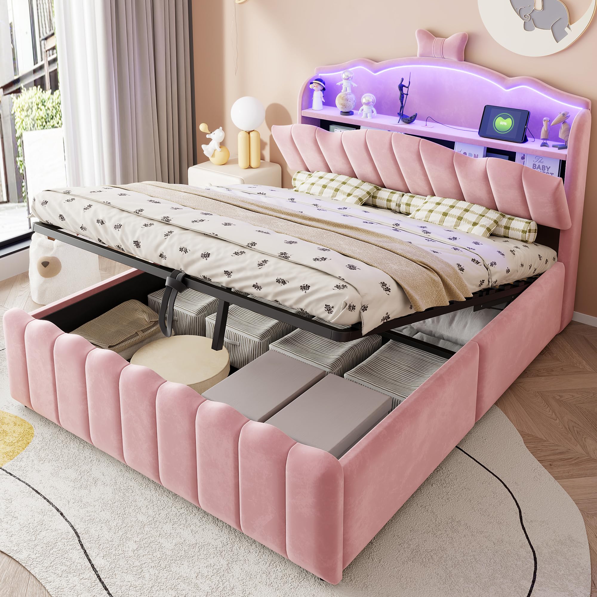 Cama Canapé 140x200 Cama Tapizada con Almacenamiento Integrado Double Bed con Elevación Hidráulica con Compartimento Abatible con Cabecero y Compartimento Abatible Estudio