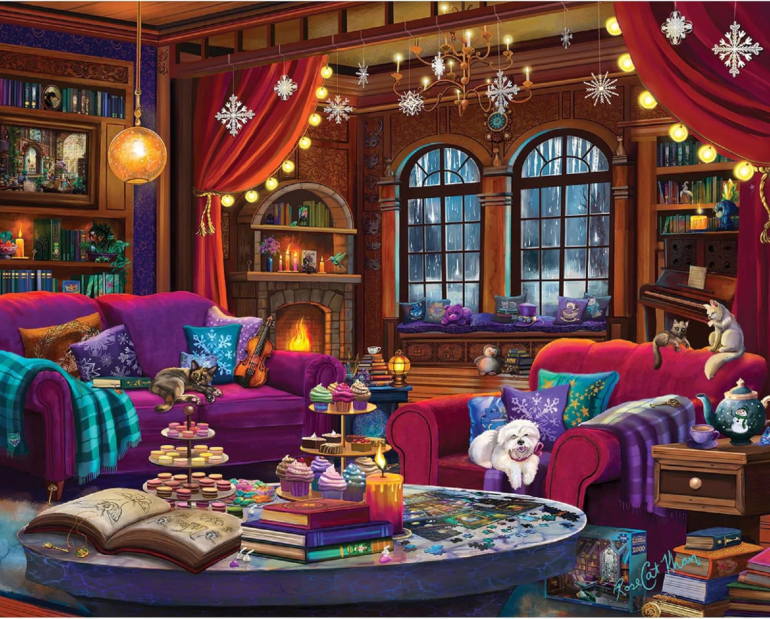 White Mountain 1000 Piece Jigsaw Puzzle Cozy Indoor Winter Scene Puzzle with Large Pieces Gift for Adults and Family 24" x 30" - Winter Book Haven