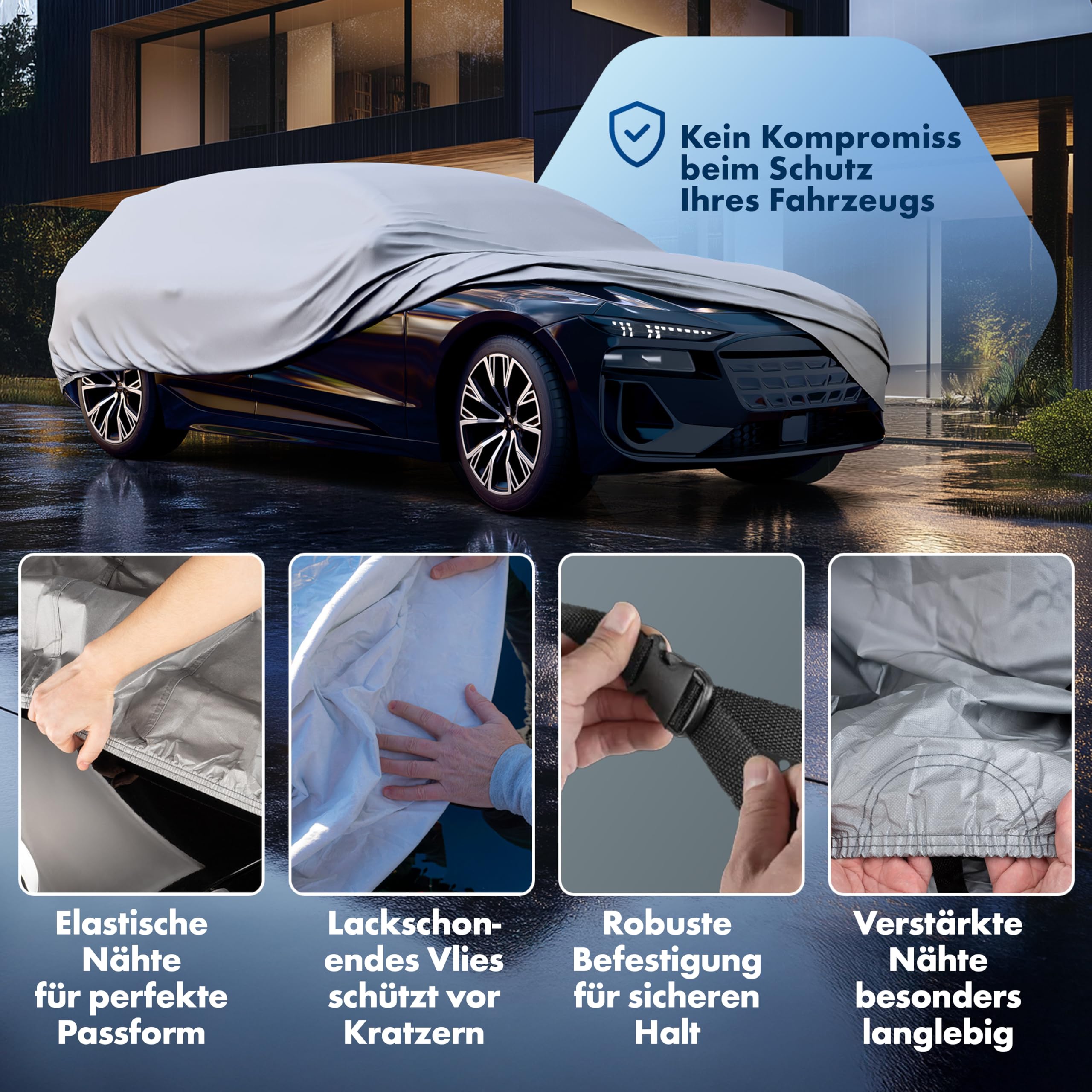 Walser Abdeckplane Auto All Weather, Abdeckung wasserdicht, 100% wetterfeste PKW Garage Zelt Sommer/Winter, Autoabdeckung Outdoor, Schutzdecke wasserdicht, Autoplane Vollgarage Größe 6 Kombi Silber