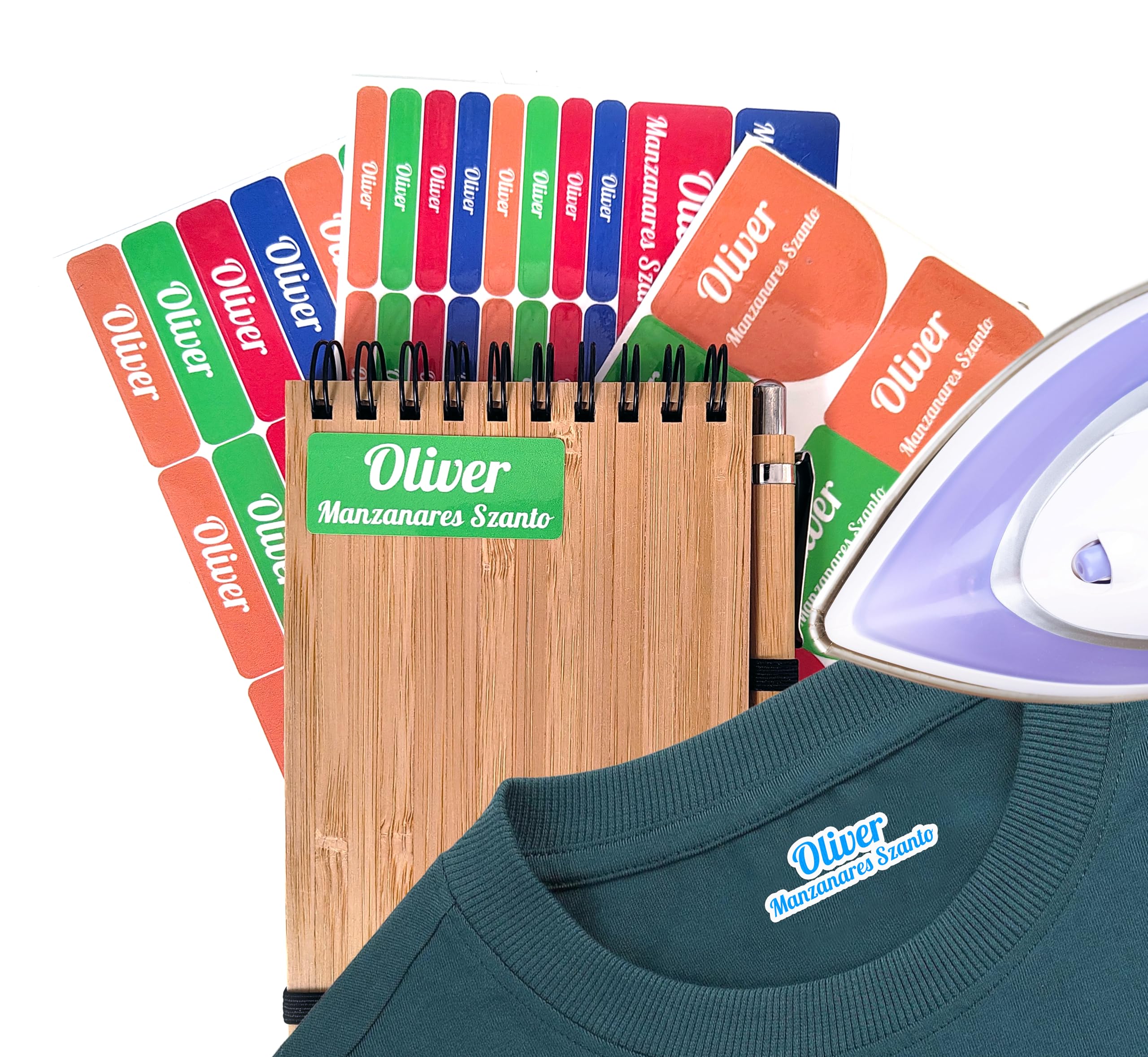 112 Etiquetas, 50 etiquetas para ropa y 62 Etiquetas Adhesivas Personalizadas para marcar objetos. Laminado Protector Gratis. Kit pegatinas resitentes al agua para zapatos, bolis, vuelta al cole