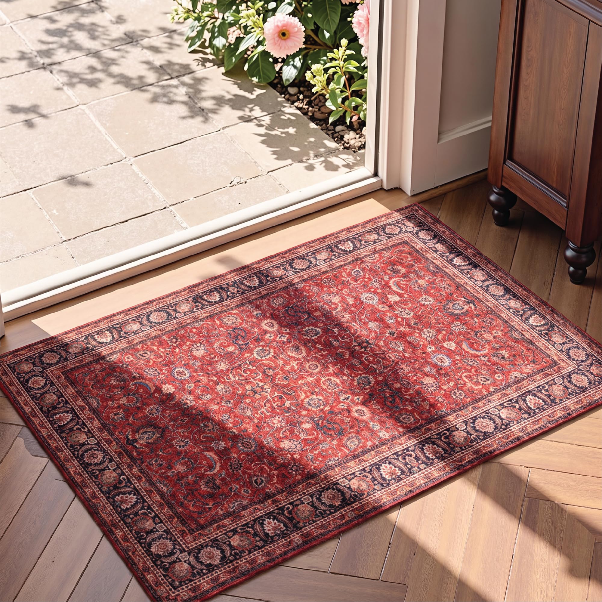 GLN Rugs Washable Red Vintage Accent Rug 2x3, Non-Slip Entryway Small Rug
