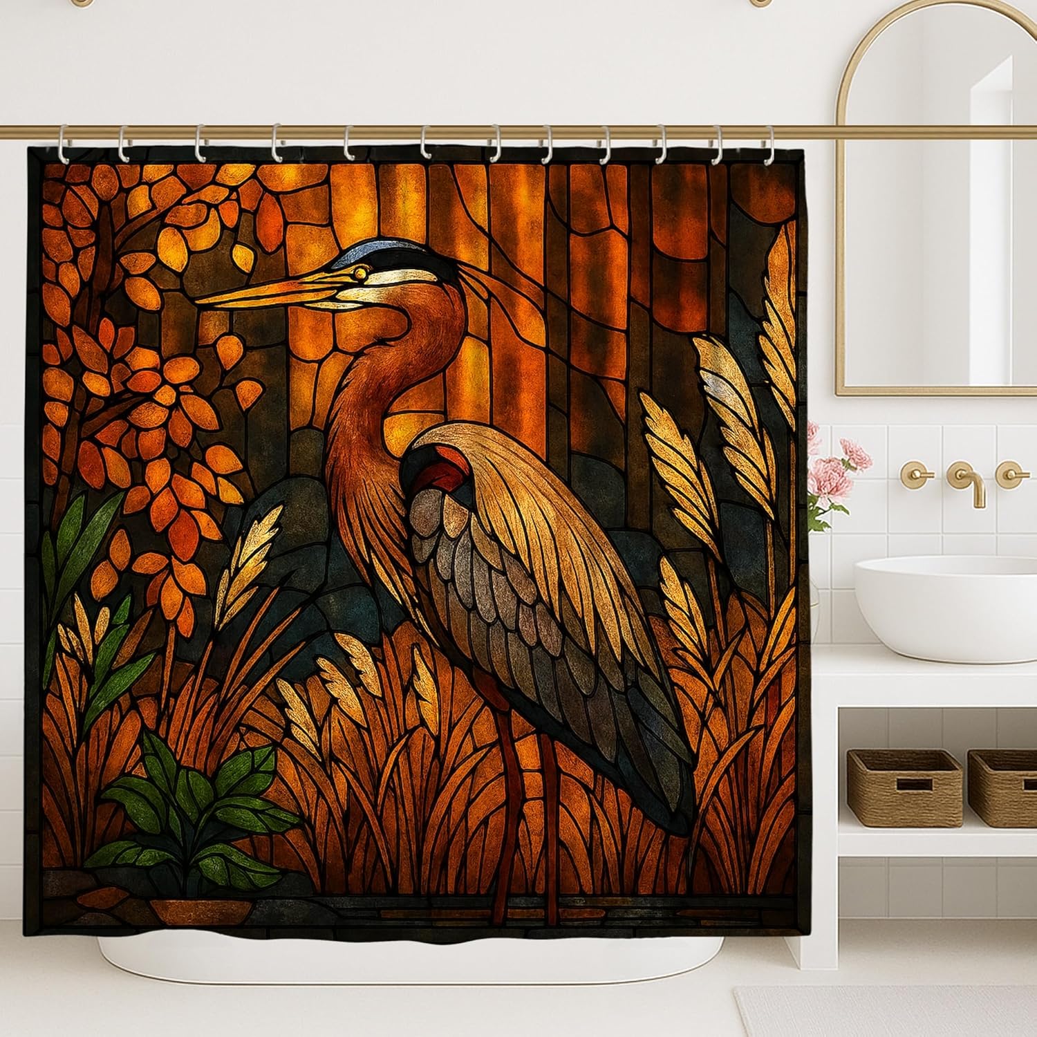 4Pcs Stained Glass Shower Curtain Set, Orange Heron Floral Bath Mat Rugs Accessories for Bathroom Decor, Autumn Waterproof Fabric Shower Curtain Set 72x72 Inch