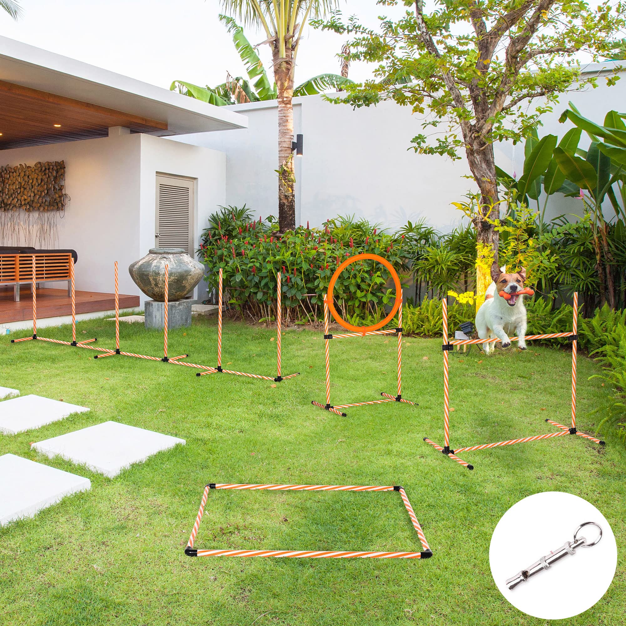 PawHut Set de Entrenamiento de Agilidad para Perros de 4 Piezas Juego de Agilidad para Perros con Piquetes para Slalom Zona de Reposo Valla y Anillo de Salto Naranja