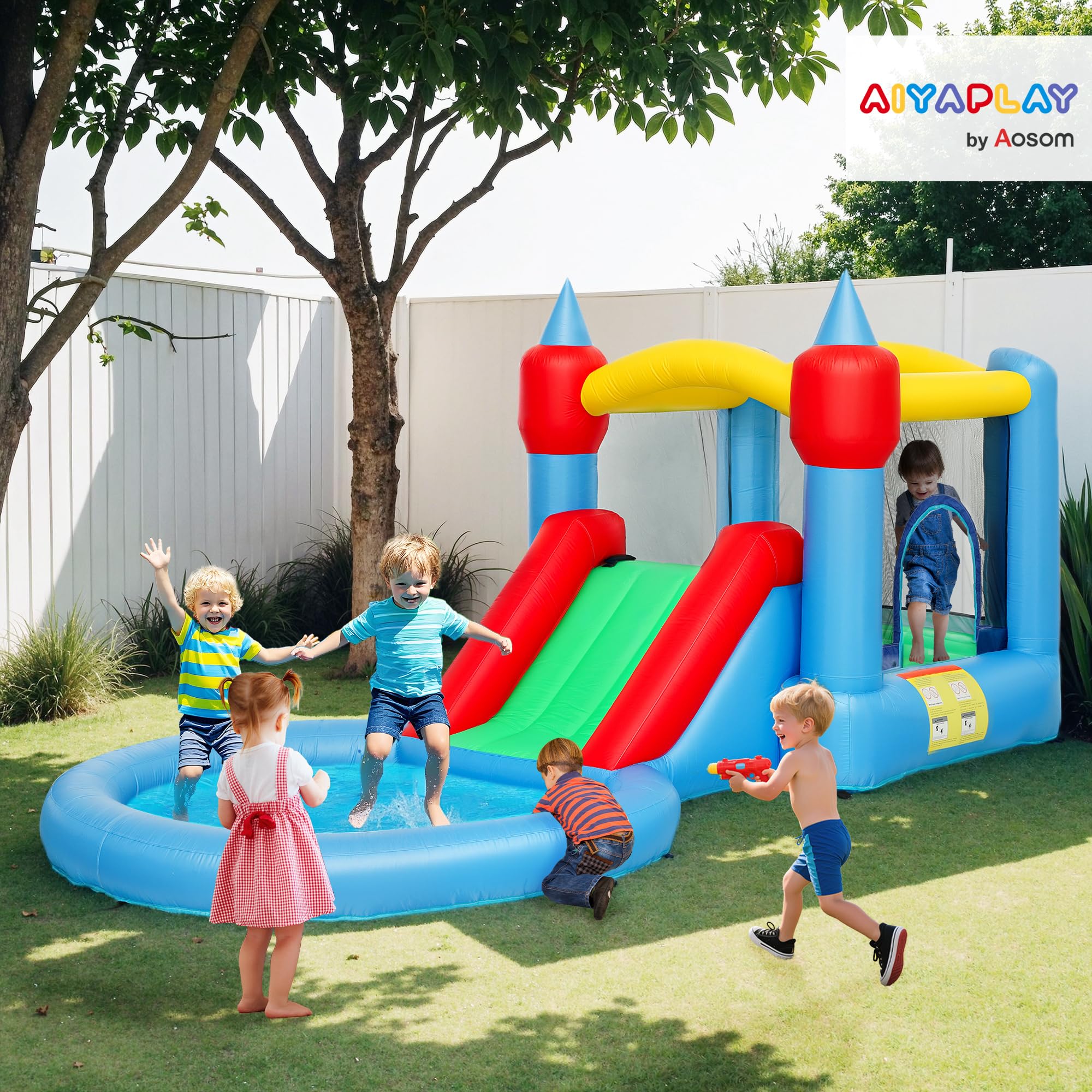 AIYAPLAY Hüpfburg mit Gebläse 4 in 1 Hüpfburg, Rutschen, Trampolin, Basketballkorb, Ballpool, für drinnen und draußen, bis zu 3 Kinder 3-8 Jahre alt