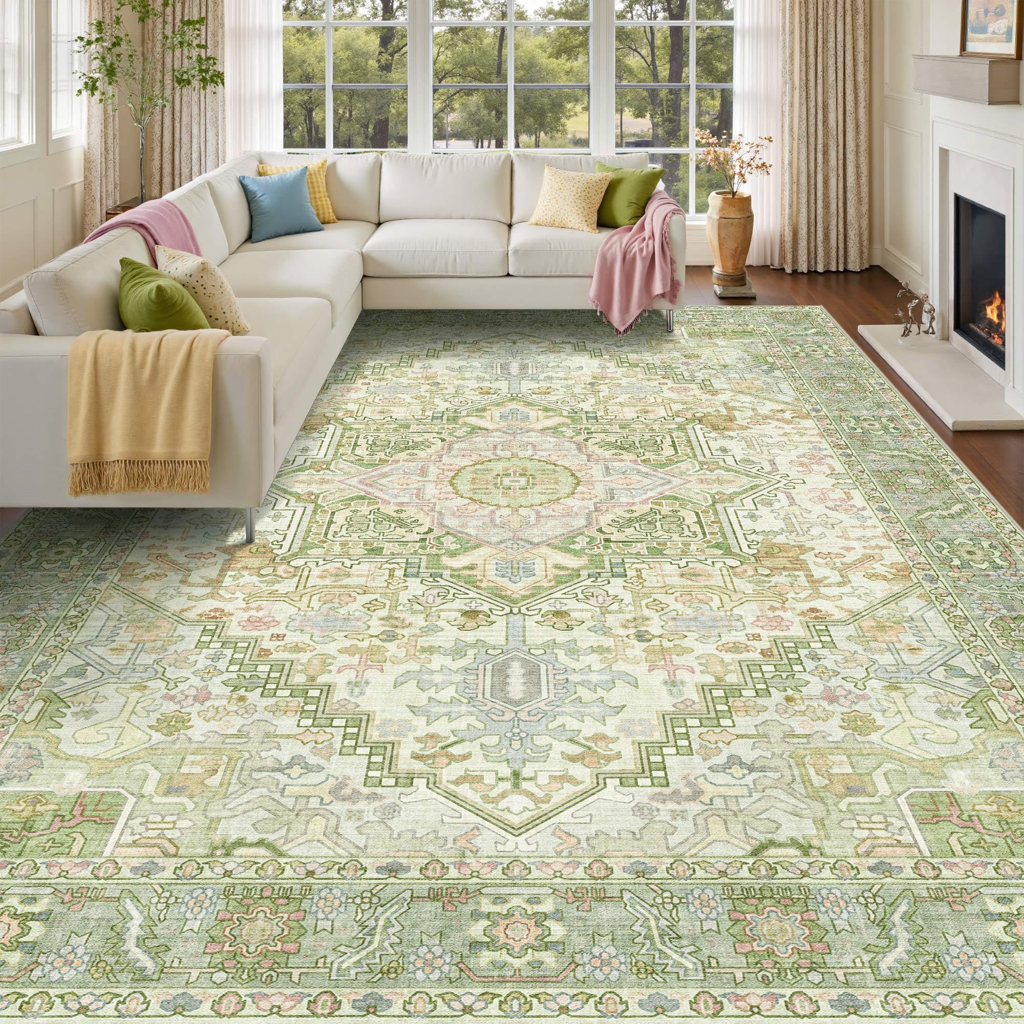 Kokia 8x10 Sage Light Green Vintage Boho Oriental Soft Washable Area Rug