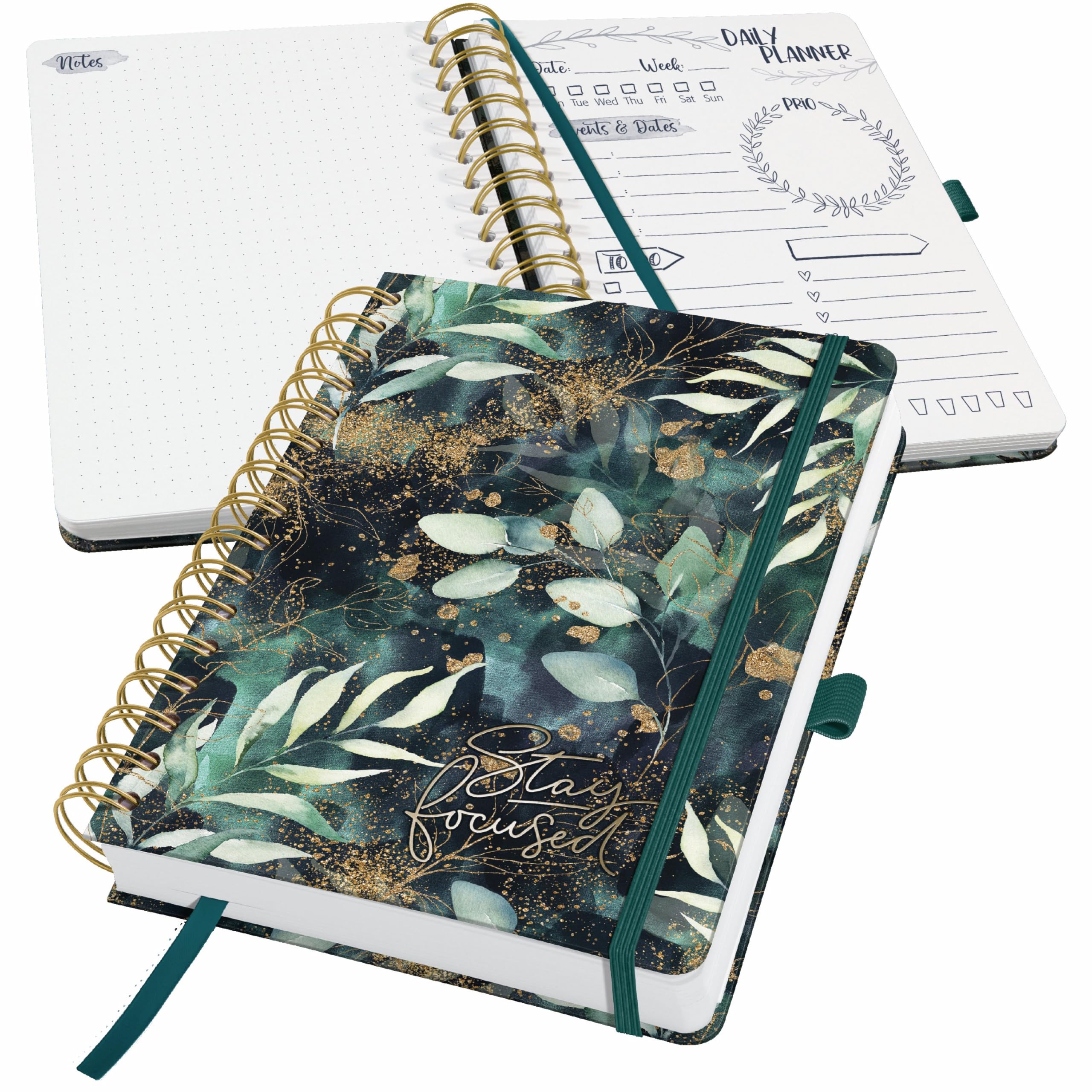 SIGEL JP203 Jolie Daily planner undated, Glamorous Leaves, 120 gsm, 16,8 x 21,5 cm, hardcover, 240 pages, Green, Black, gold