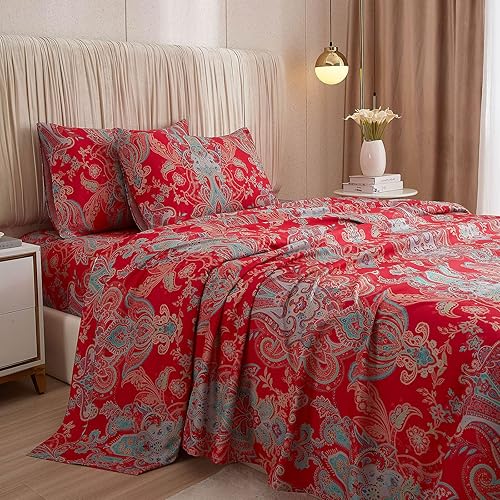 Miniatura 10 de Juego de sábanas y fundas de almohada de 4 piezas, color beige camello, suaves, tamaño King, bajera con gran caída lateral de 16 pulgadas para fácil