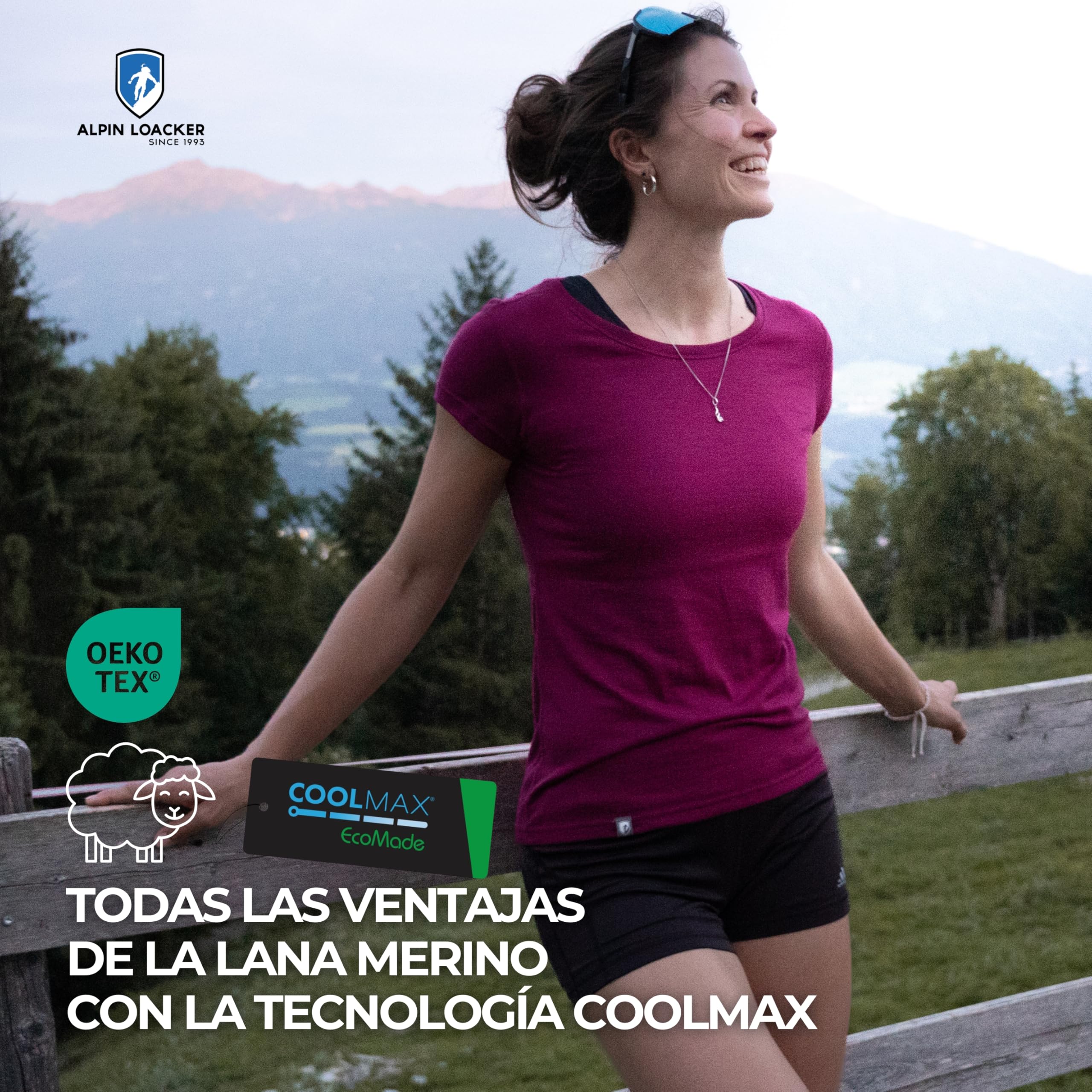 ALPIN LOACKER Coolmax - Camiseta de Merino para Mujer, Manga Corta, 150 g/m2, Transpirable, Secado rápido y refrescante, Camiseta de Lana Merino y Parte Superior térmica