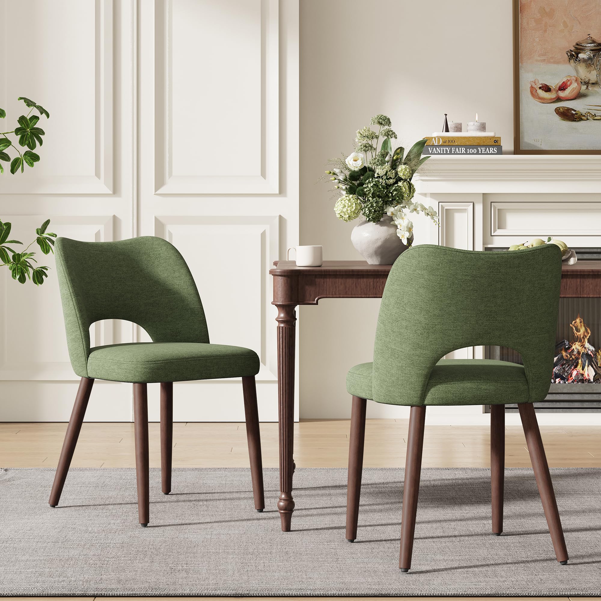 MALOL Upholstered Dining Chairs Set of 2, Fabric Chairs for Dining Room with Solid Wood Legs, Hollow Backrest and Thick Seat Cushion, Modern Kitchen Chair with Anti-Slip Pads, Green — image 1
