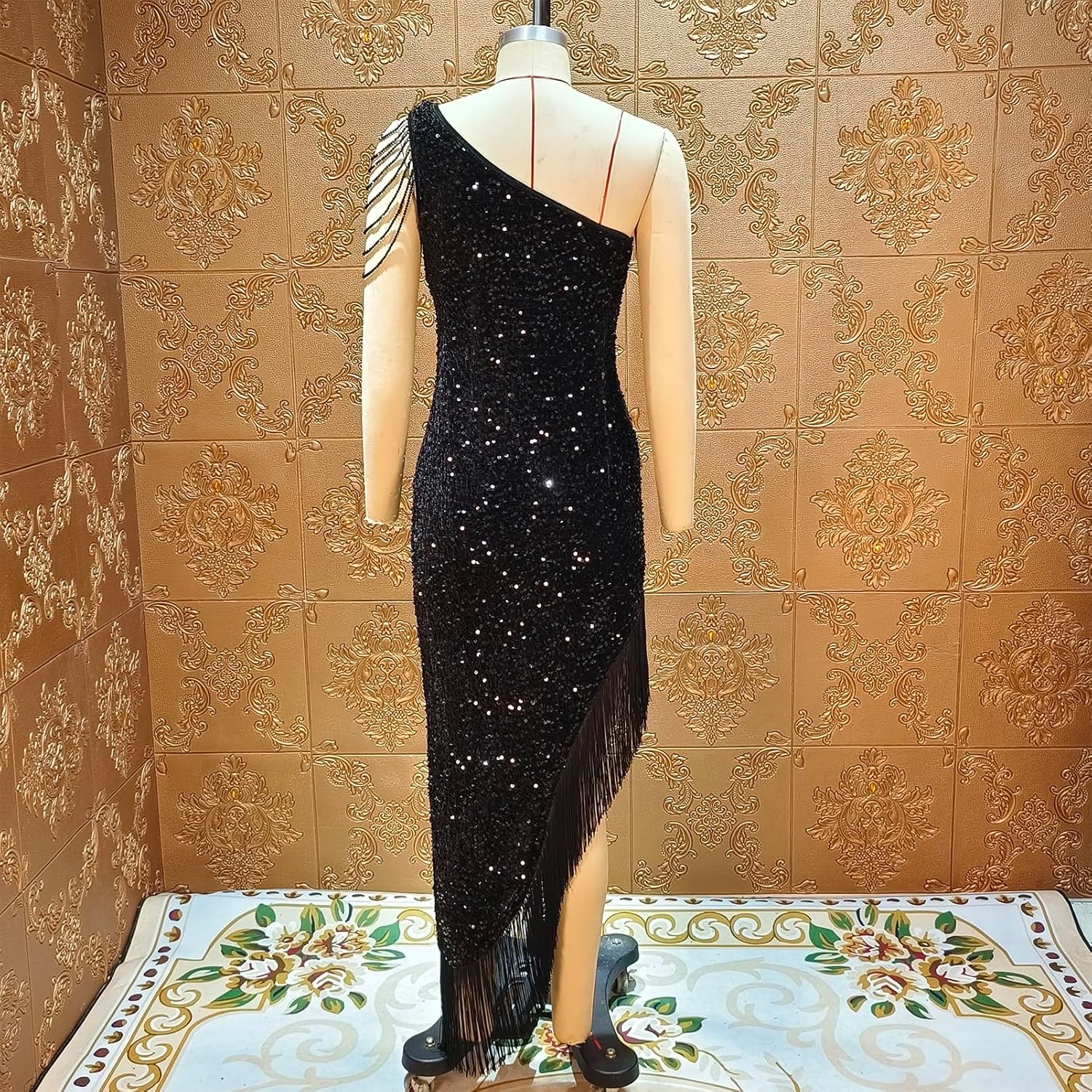 Cololura Women Sequin Elegant Sexy Tassels One Shoulder Mermaid Bodycon Cocktail Evening Midi Party Formal Dress - Image 6