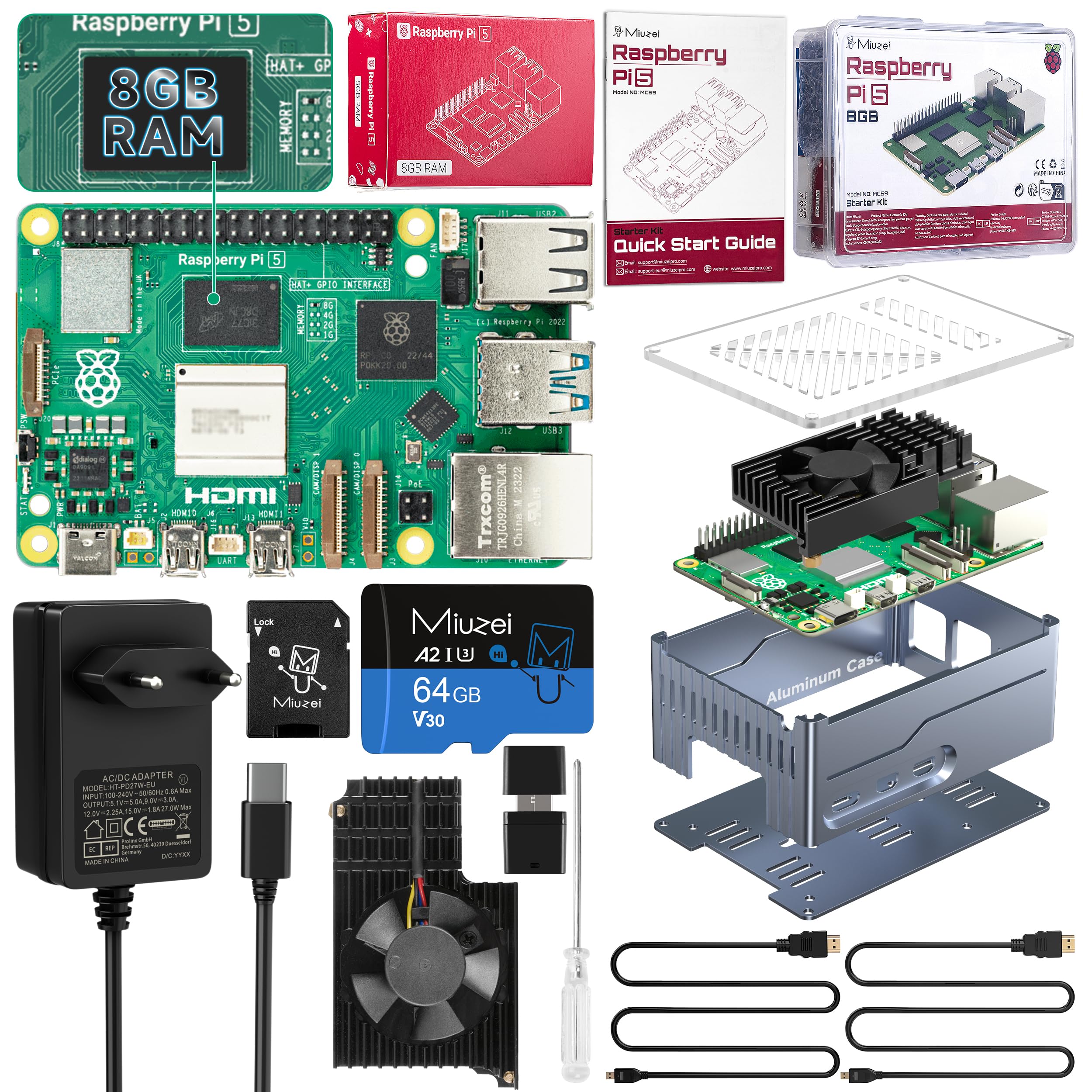Raspberry Pi 5 8 GB başlangıç kiti, 64 GB SD kart, Raspberry Pi OS