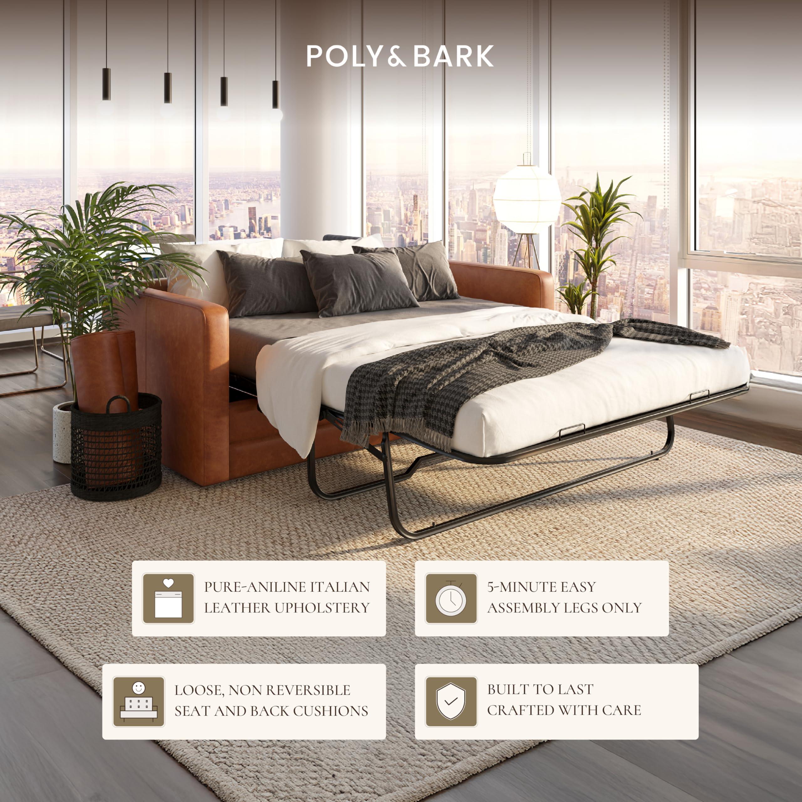 POLY & BARK Napa 82' Leather Pull‑Out Sleeper Sofa – Full‑Grain Italian Leather — product photo