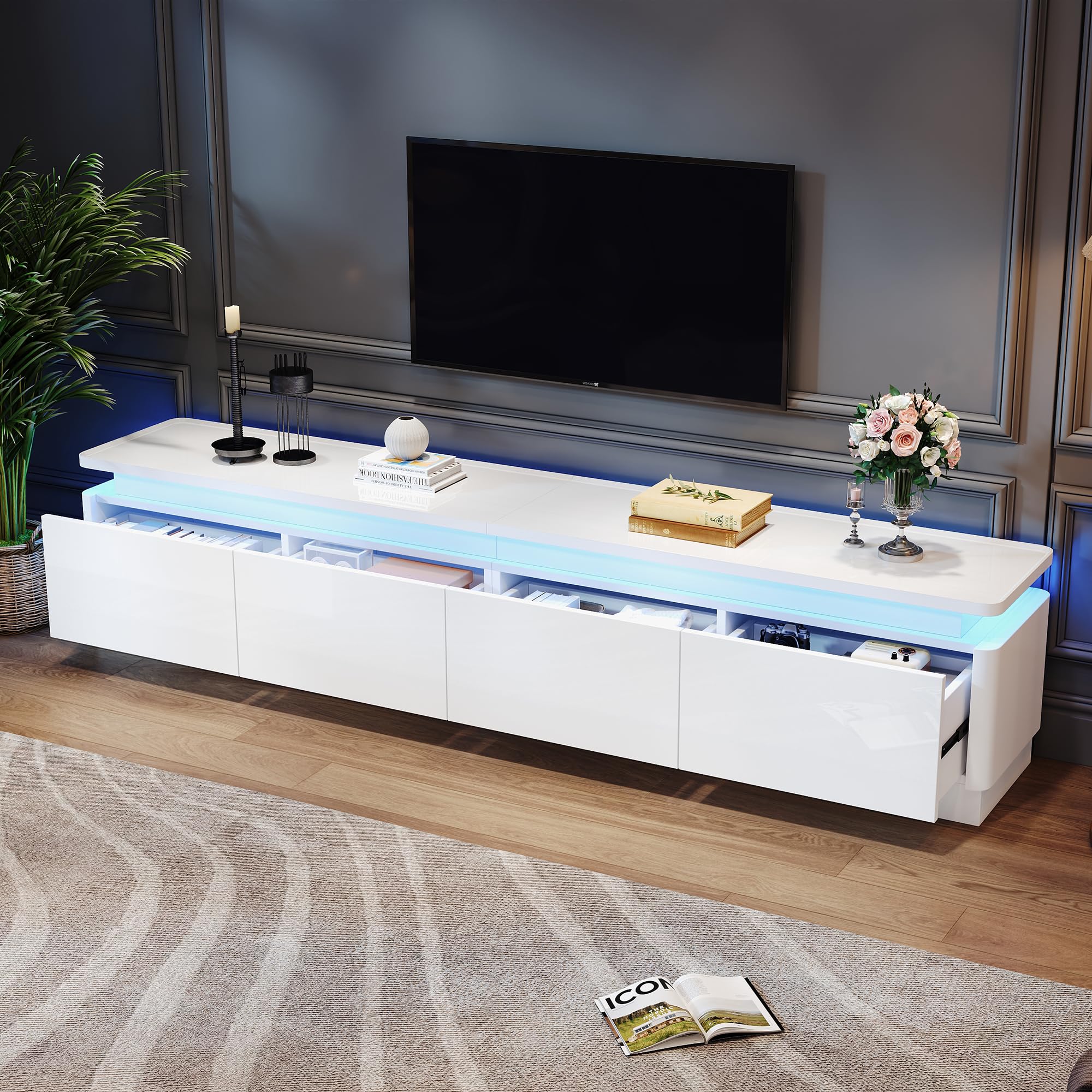 okwish TV-Schrank mit LED & Schubladen, Weiß Hochglanz 180x34x40 cm