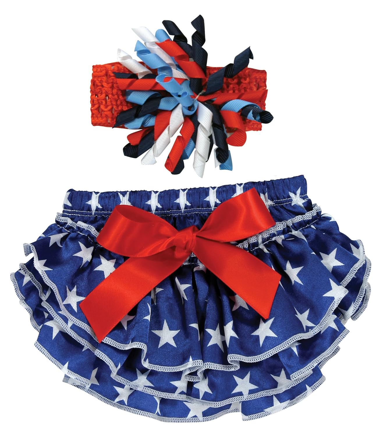 Stephan Baby Stars and Stripes Ruffled Diaper Cover and Curly Bow Headband, 6-12 Months