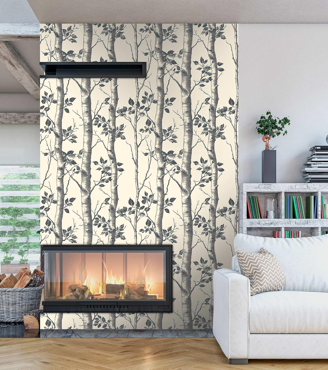 Birch Tree Wallpaper – Hand-Drawn Forest Peel and Stick Wallpaper, Self-Adhesive Vinyl with Minimalist Woodland Design for Nature-Inspired Home Decor, 17.7in x 236in