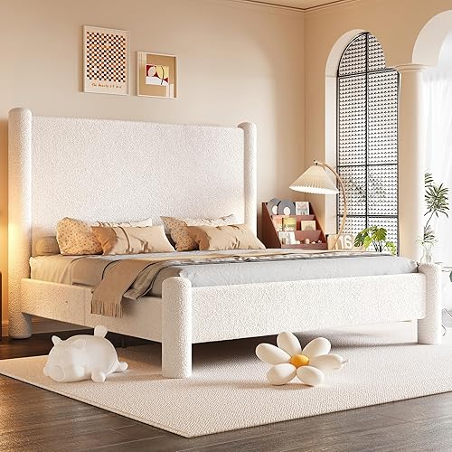 Jocisland Queen Size Upholstered Bed Frame with Boucle Chenille Fabric, Cloud-Inspired Headboard & Corner Design, Sturdy Platform Bed, No Box Spring Needed, White
