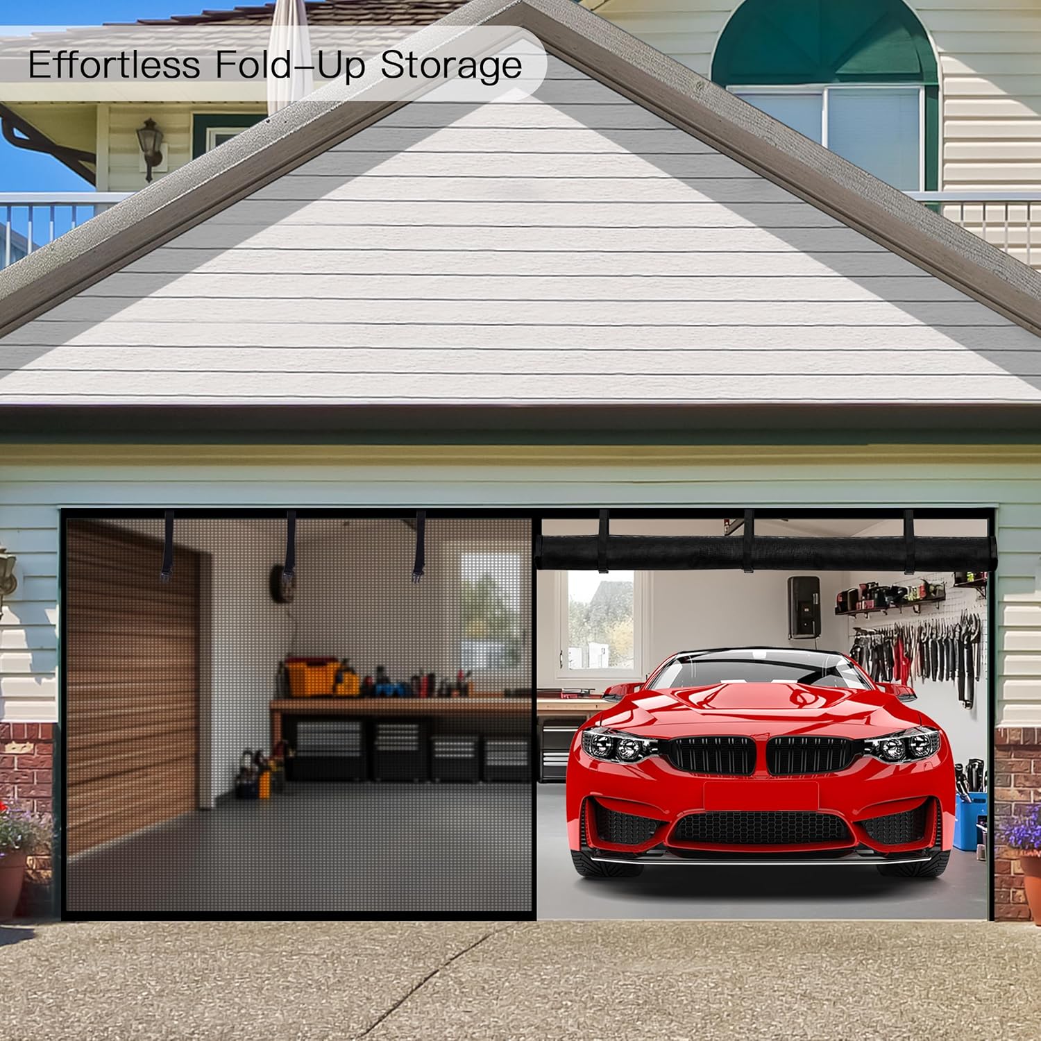 Sunolga Magnetic Garage Door Screen for 1 Car 10x10 FT, Reinforced Polyester Magnetic Screen Door with 26 High Energy Magnets and 6 Strapping Tapes, Hands-Free Screen Door Mesh for Garage Door Black