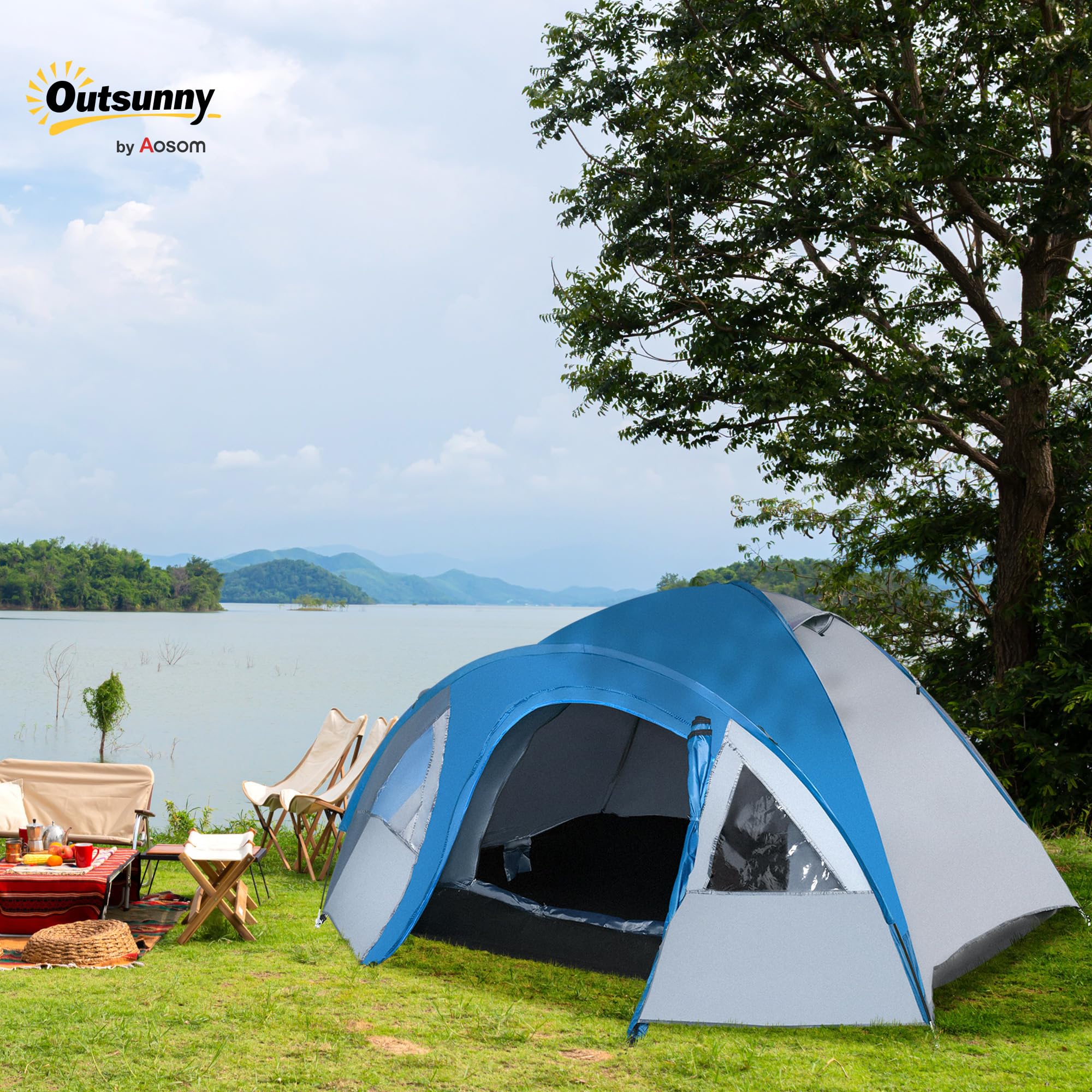 Outsunny Tente de Camping familiale 3 Personnes, légère, étanche, ventilée | Double porte et fenêtres, facile à installer, tente dôme en fibre de verre polyester 3L x 2,50l x 1,30H m, bleu marine