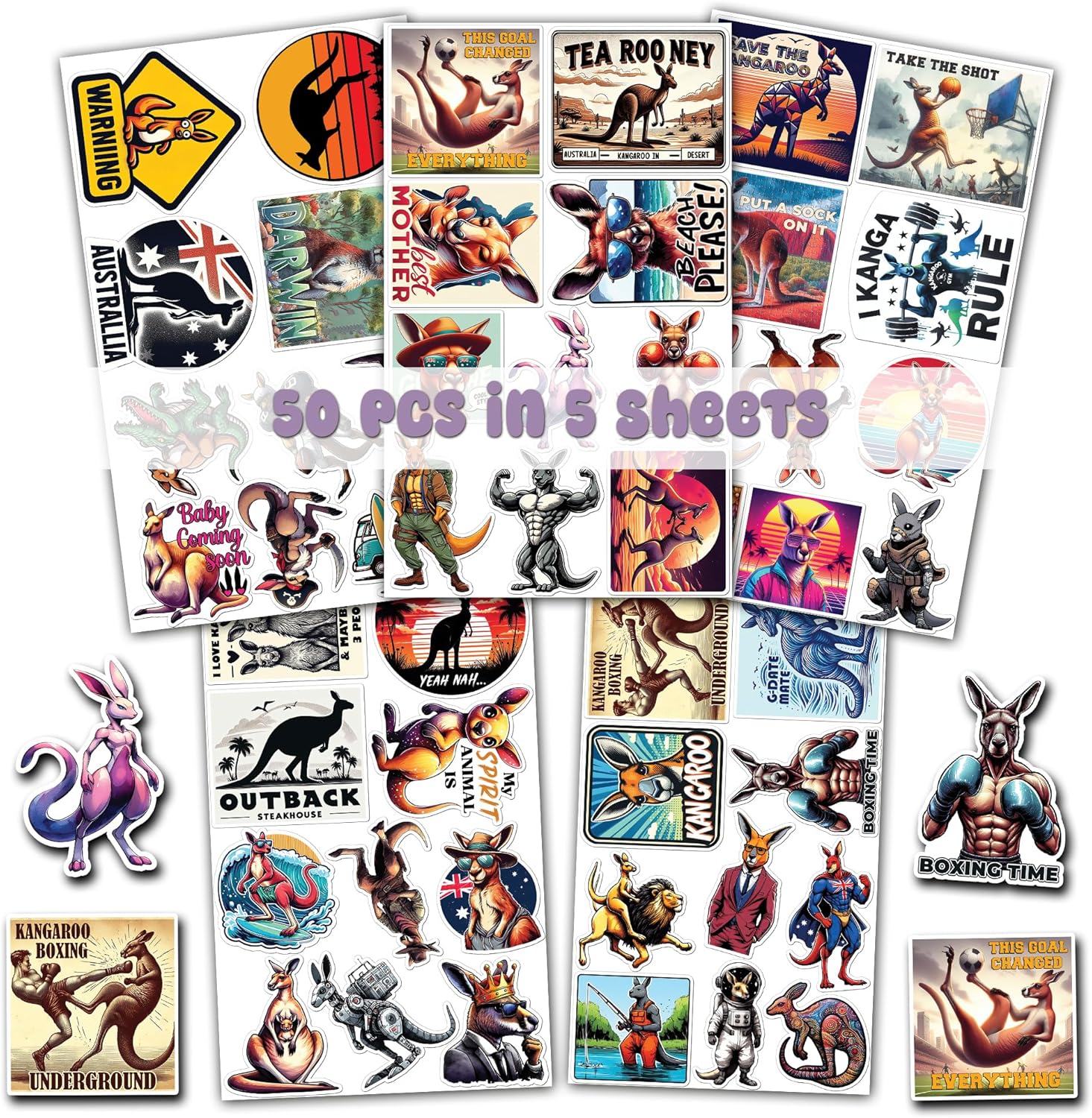 Pack 50 PCS Kangaroo Stickers Cartoon Animal Waterproof Vinyl Decals Decor Laptop Water Bottles Laptop Luggage Phone Case Bicycle Car Bumper Scrapbook Gift for Kid Teen Adult - Image 3