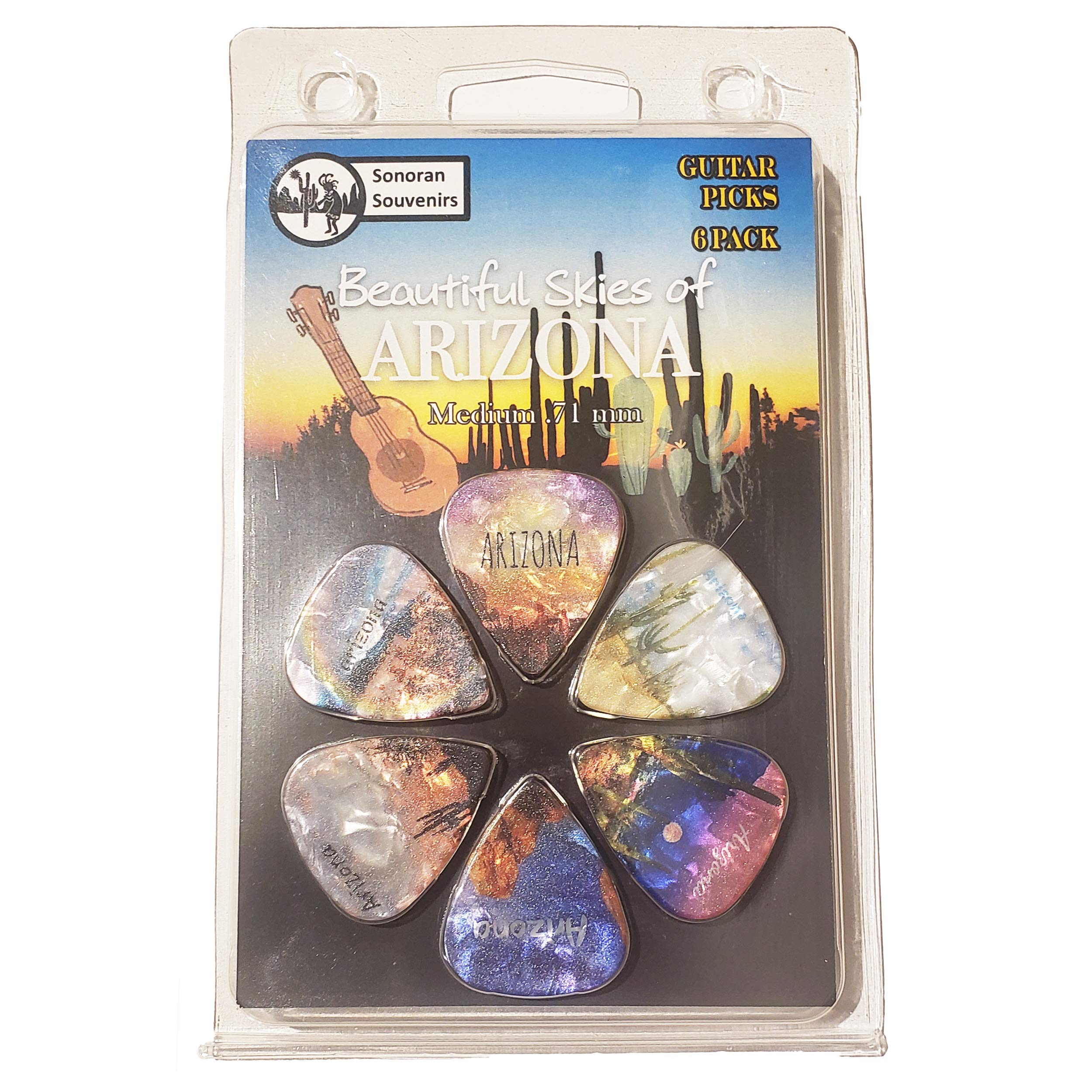 ARIZONA Souvenir Gift Guitar Picks 6 Pack Medium 0.71mm Assorted Designs Unique Gift For Guitarist For Acoustic Electric and Bass Guitars (Arizona Sky)