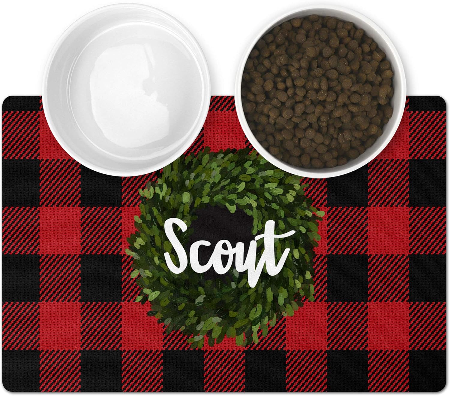 Personalized Pet Mat - Neoprene, Sturdy & Non-Skid Back - Cats & Dogs Feeding Mat - Petfood, Water & Dish Bowl Pad - Edge Corner Utility Placemat (12 x18, Red Plaid Wreath)