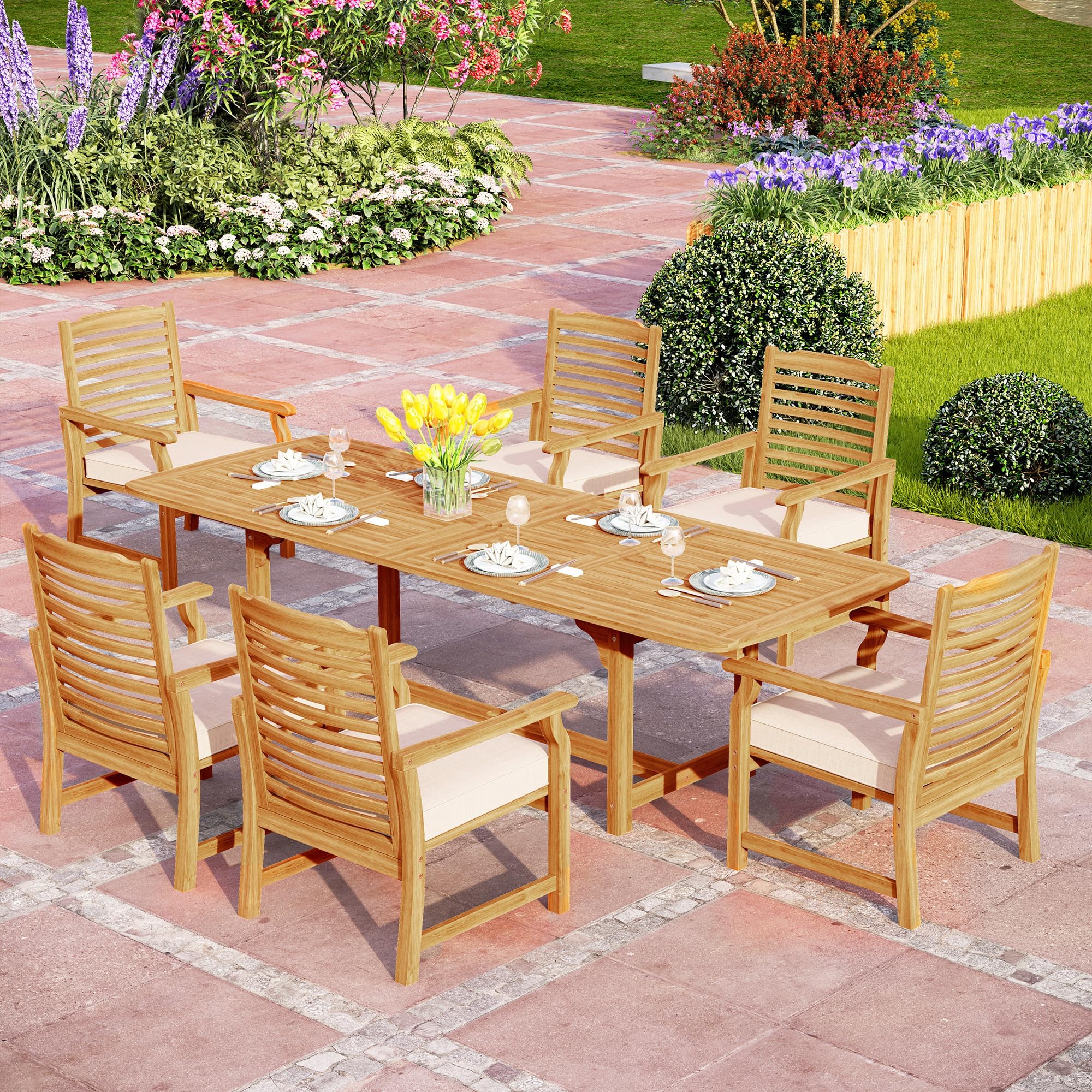 PHI VILLA 7 PCS Acacia Wood Outdoor Dining Set for 6, Expandable Teak Wooden Table & Chairs with Cushions, Farmhouse Dining Furniture Set for Patio, Deck, Yard