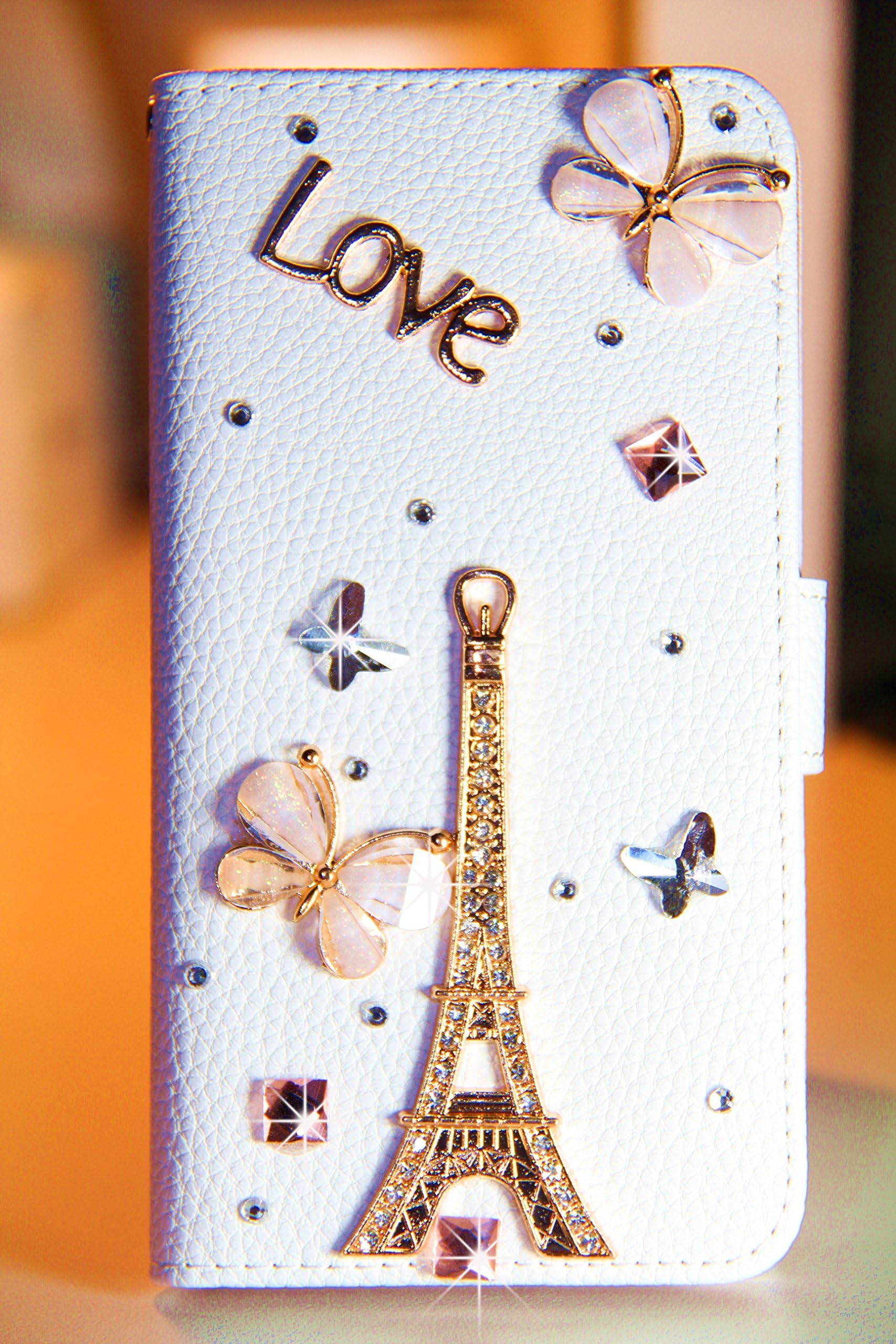 Samsung Galaxy S7 Edge Case, MGIFTSHOP Luxury 3D Bling Diamond Crystal Rhinestone Wallet Leather Purse Flip Card Pouch Stand Cover Case for Samsung Galaxy S7 Edge [Eiffel Tower Butterfly]