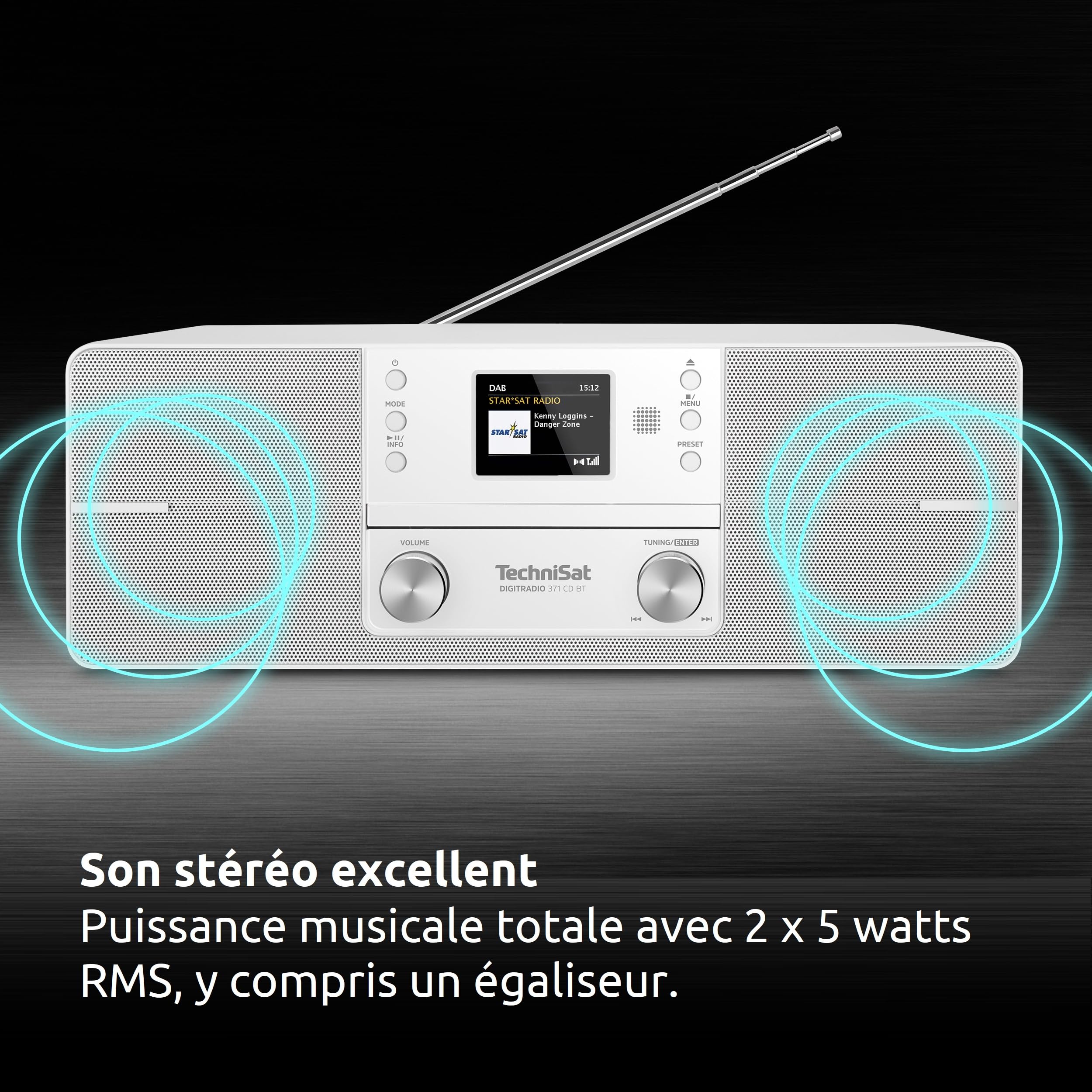 TechniSat DIGITRADIO 371 CD BT - Radio numérique stéréo (DAB+, FM, lecteur CD, Bluetooth, écran couleur, USB, AUX, prise casque, installation compacte, réveil, 10 watts, télécommande) Blanc