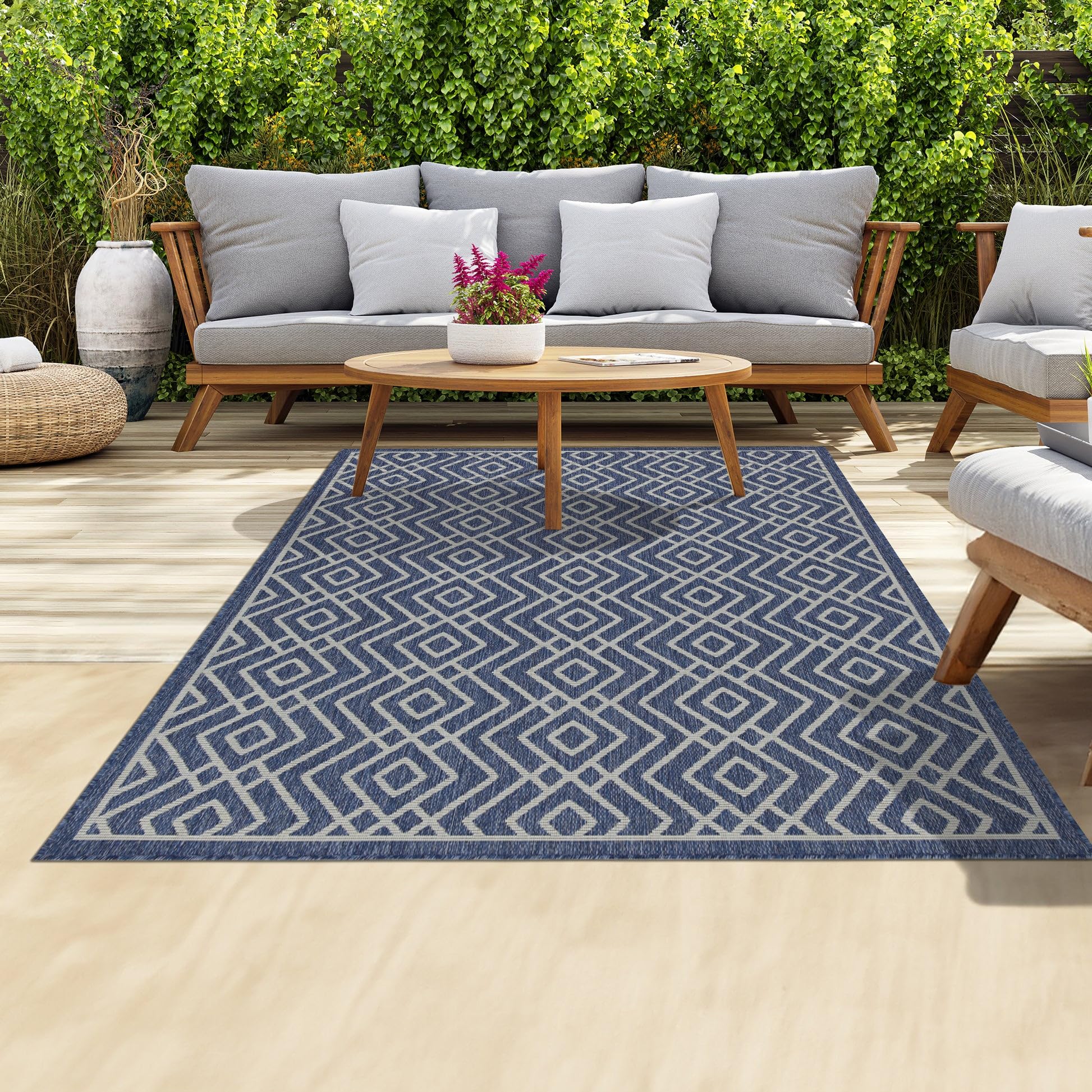 homeart Outdoor Rugs | Easy-Cleaning Indoor & Outdoor Area Rugs for Porch, Deck, Balcony, Garden, Picnic, Kitchen, Hallway | UV & Weather-Resistant Large Patio Rug Mats | D.Blue Cream, 80 x 150 cm