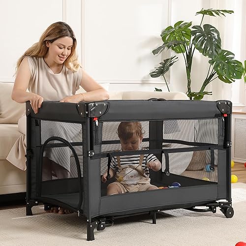 Miniatura 6 de Corralito 5 en 1, Moisés Portátil de Viaje para Bebé, Corralito de Viaje Plegable para Niños Pequeños, Cuna de Colecho, Mesa Cambiadora de Pañales,