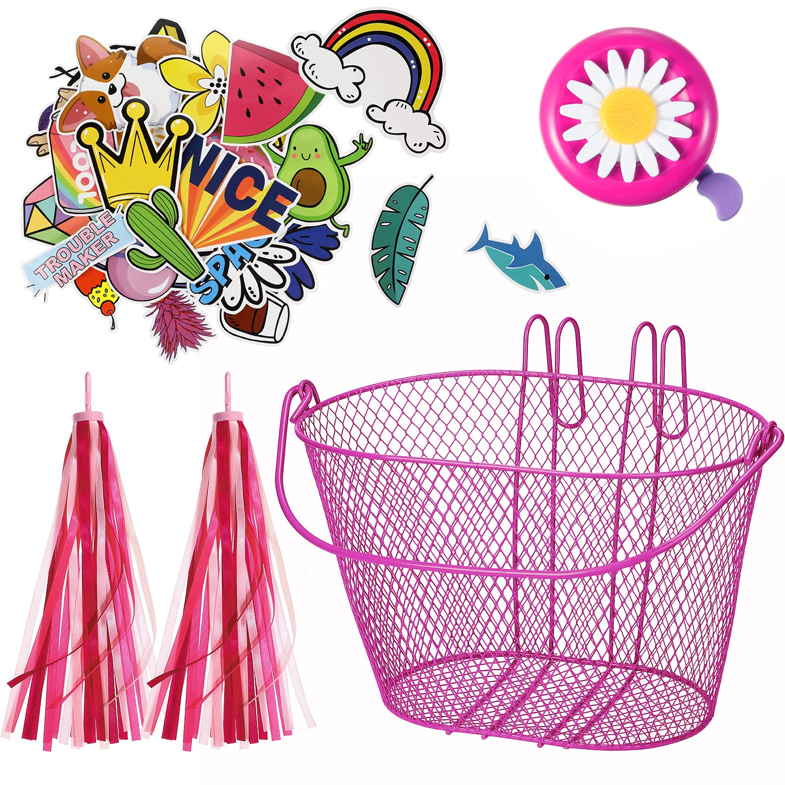 Kid's Bicycle Basket Streamers Set, Children's Bike Wire Mesh Basket with 2 Pieces Colorful Bike Streamers, Bell and 30 Pieces Stickers, Bicycle