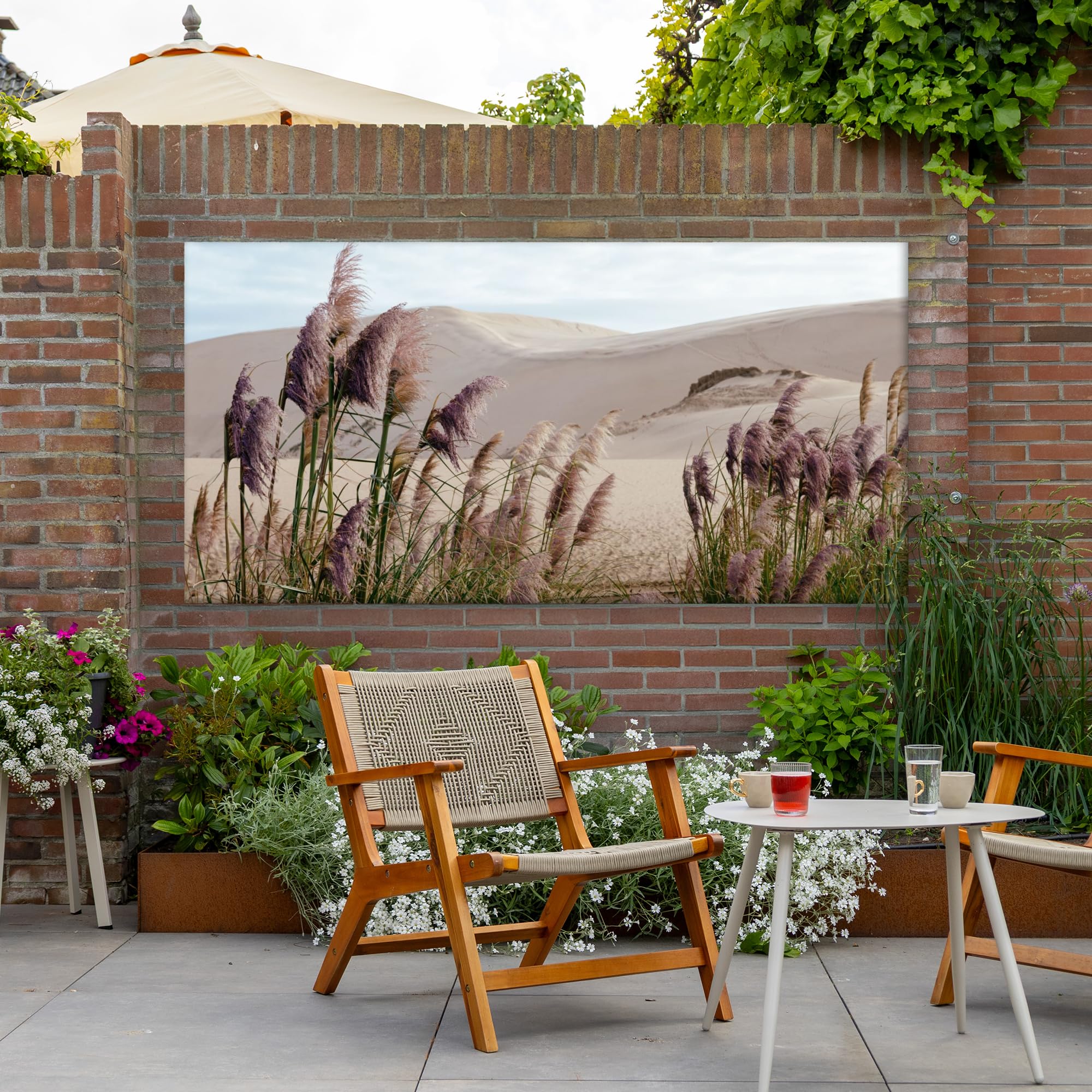 Outdoor Leinwand Bild 200x100 cm Gartenbild Wetterfest Terrasse Deko Balkon Wandbild Außendekoration Modern Draußen Pampasgras - Sand - Pflanzen - Düne