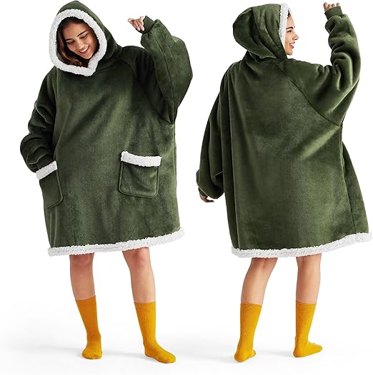 Bedsure Blanket Hoodie, Wearable Blanket for Adults & Kids as Gifts for Women Men, Birthday Gifts for Women Mom Girl Sherpa Oversized Hoodie, Olive Green, Small