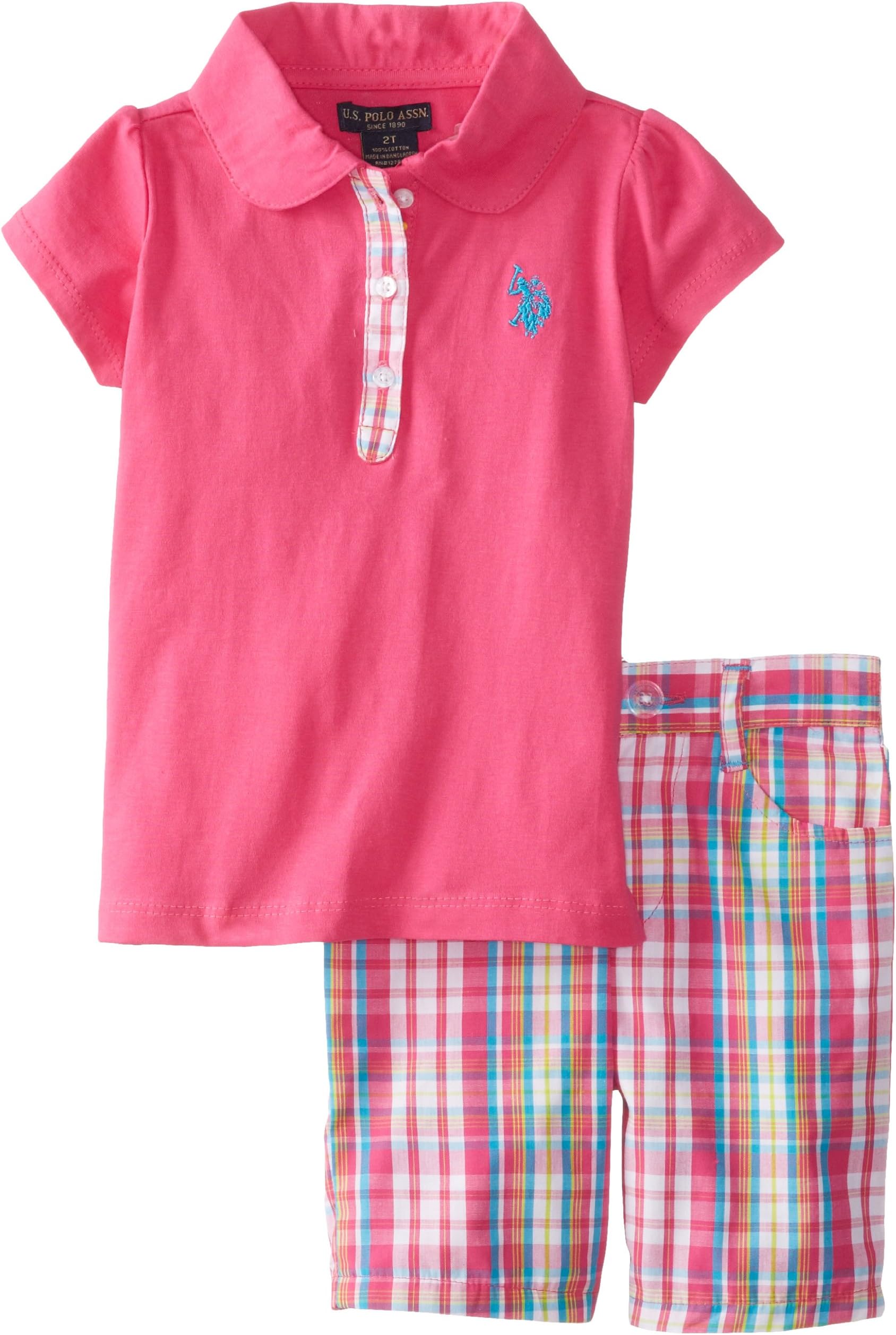 U.S. POLO ASSN. Little Girls' Polo Shirt and Plaid Bermuda Short Two-Piece Set