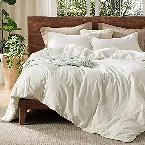 Bedsure 100% Washed Cotton Duvet Cover Twin Size - Cream Minimalist Cotton Duvet Cover Linen Like for All Seasons - GentleSoft™ Plain Simple Bedding (Cream, Twin, 68"x90")